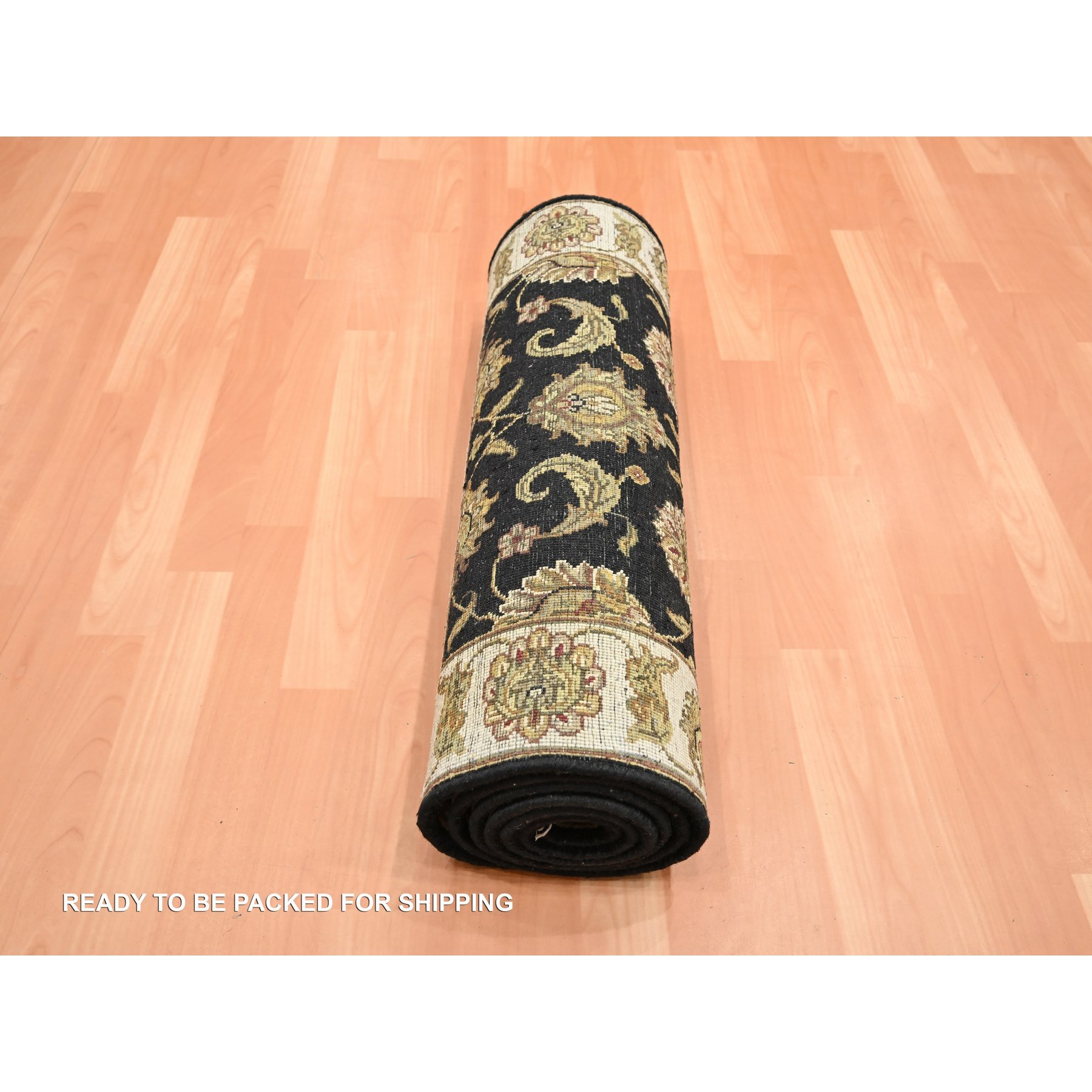 2'6"x8'3" Ebony Black, Rajasthan with All Over Leaf Design, Hand Knotted, Wool and Silk, Densely Woven, Thick and Plush, Runner, Oriental Rug Sh75618