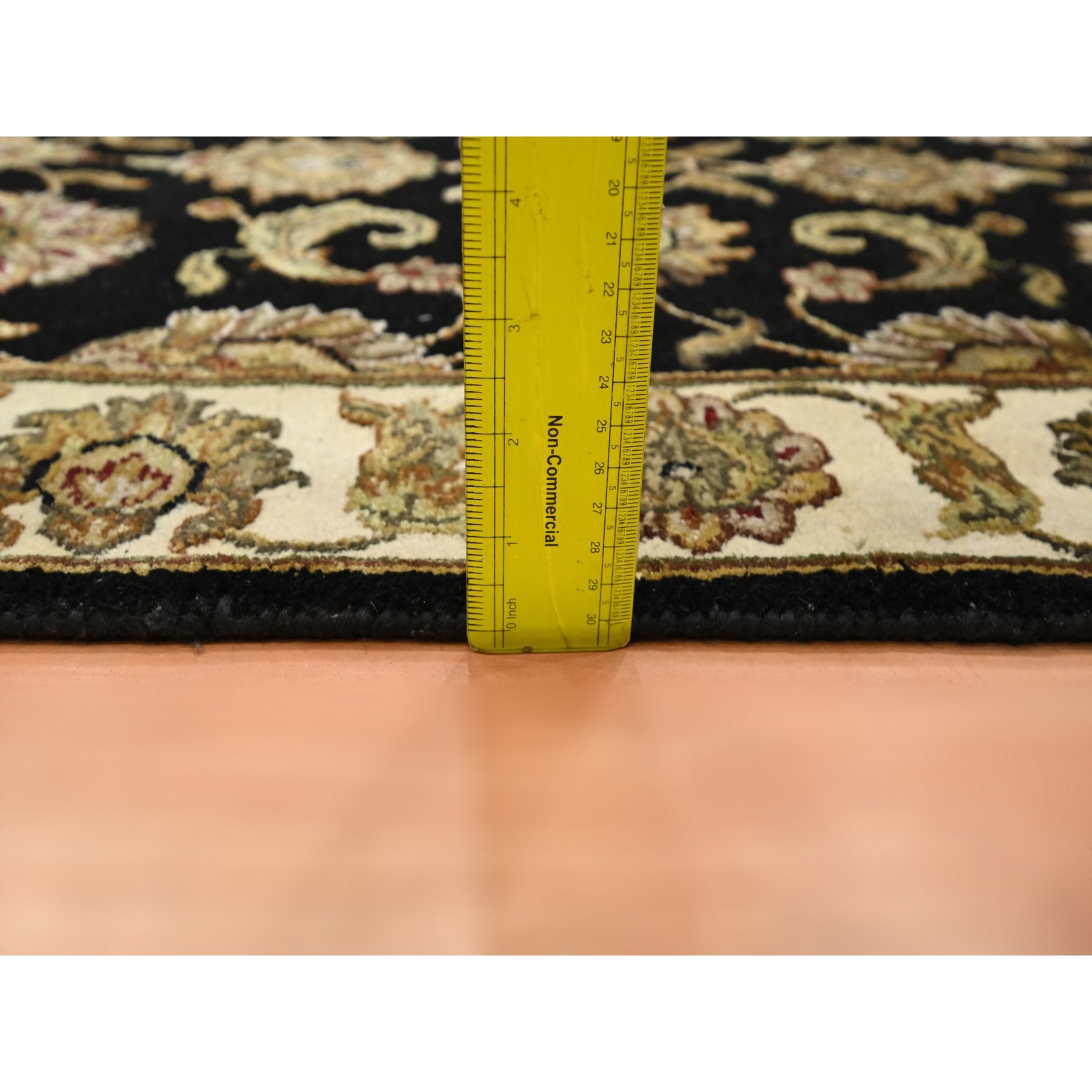 2'6"x8'3" Ebony Black, Rajasthan with All Over Leaf Design, Hand Knotted, Wool and Silk, Densely Woven, Thick and Plush, Runner, Oriental Rug Sh75618