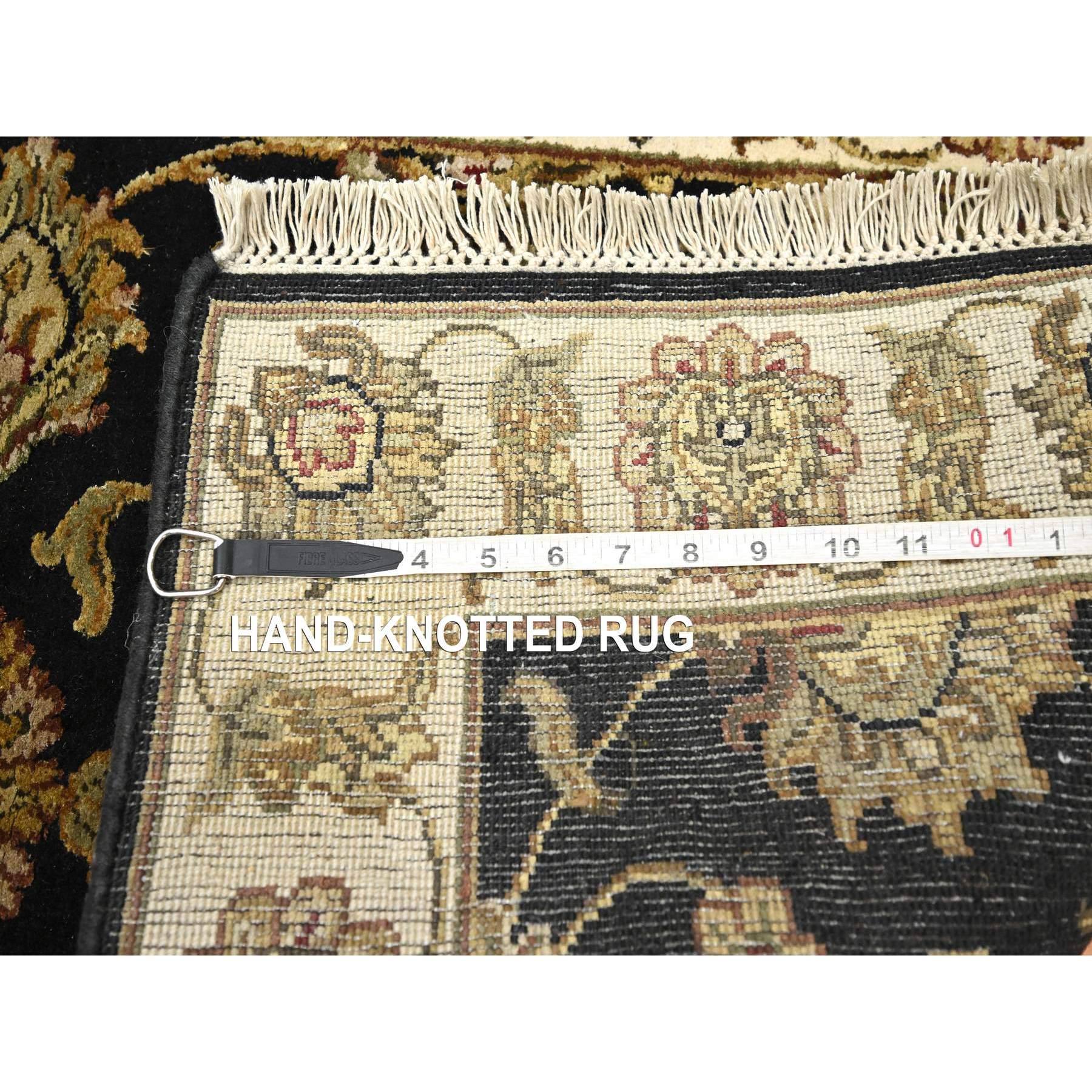 2'6"x8'3" Ebony Black, Rajasthan with All Over Leaf Design, Hand Knotted, Wool and Silk, Densely Woven, Thick and Plush, Runner, Oriental Rug Sh75618