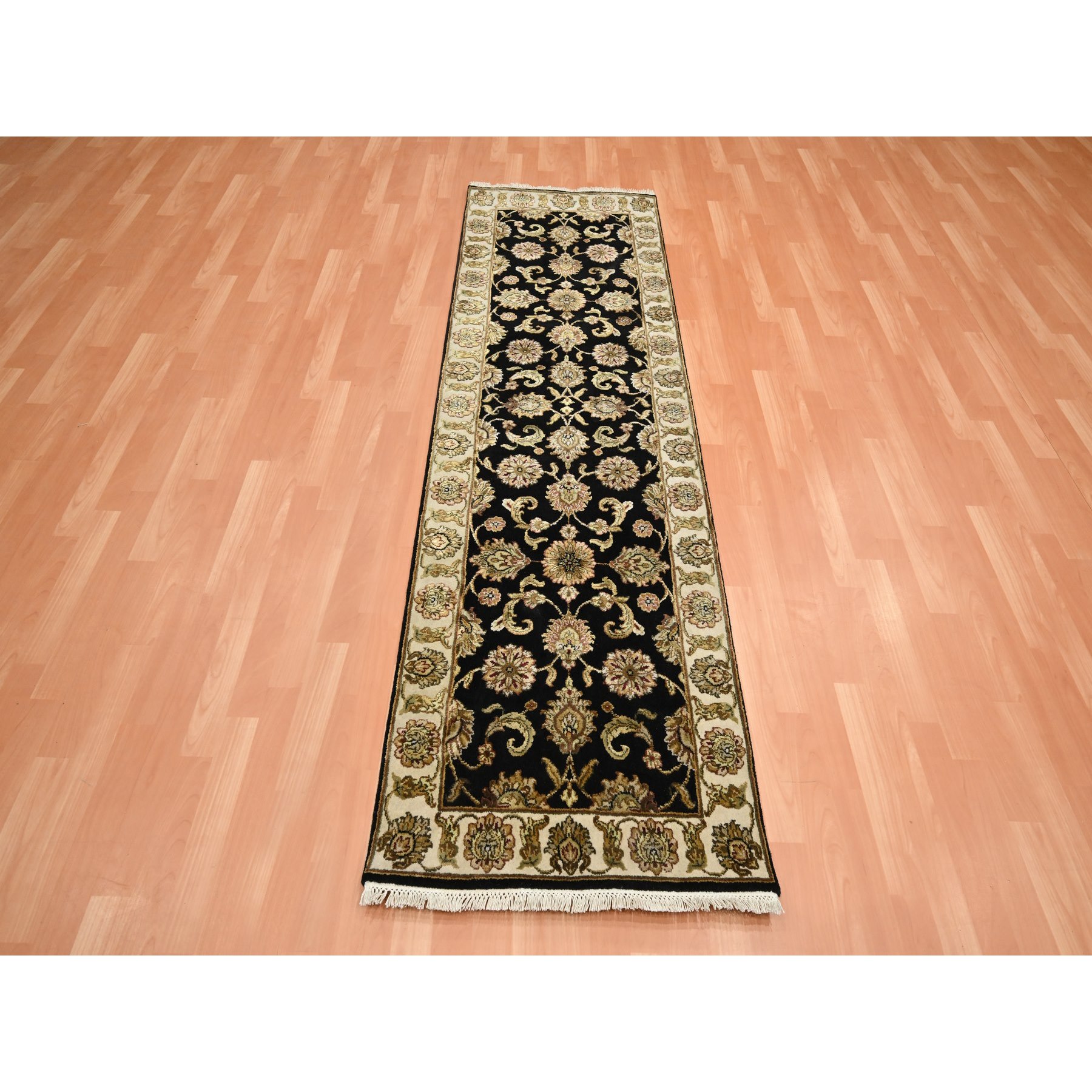 2'6"x8' Onyx Black, Rajasthan with All Over Leaf Design, Hand Knotted, Wool and Silk, Soft Pile, Thick and Plush, Runner, Oriental Rug Sh75619