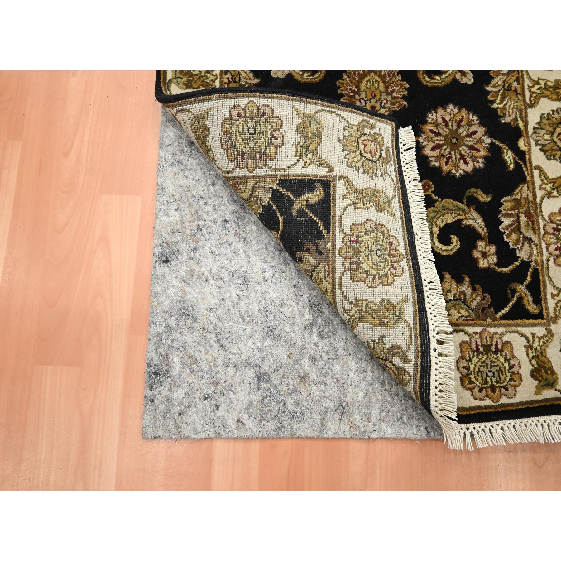 2'6"x8' Onyx Black, Rajasthan with All Over Leaf Design, Hand Knotted, Wool and Silk, Soft Pile, Thick and Plush, Runner, Oriental Rug Sh75619