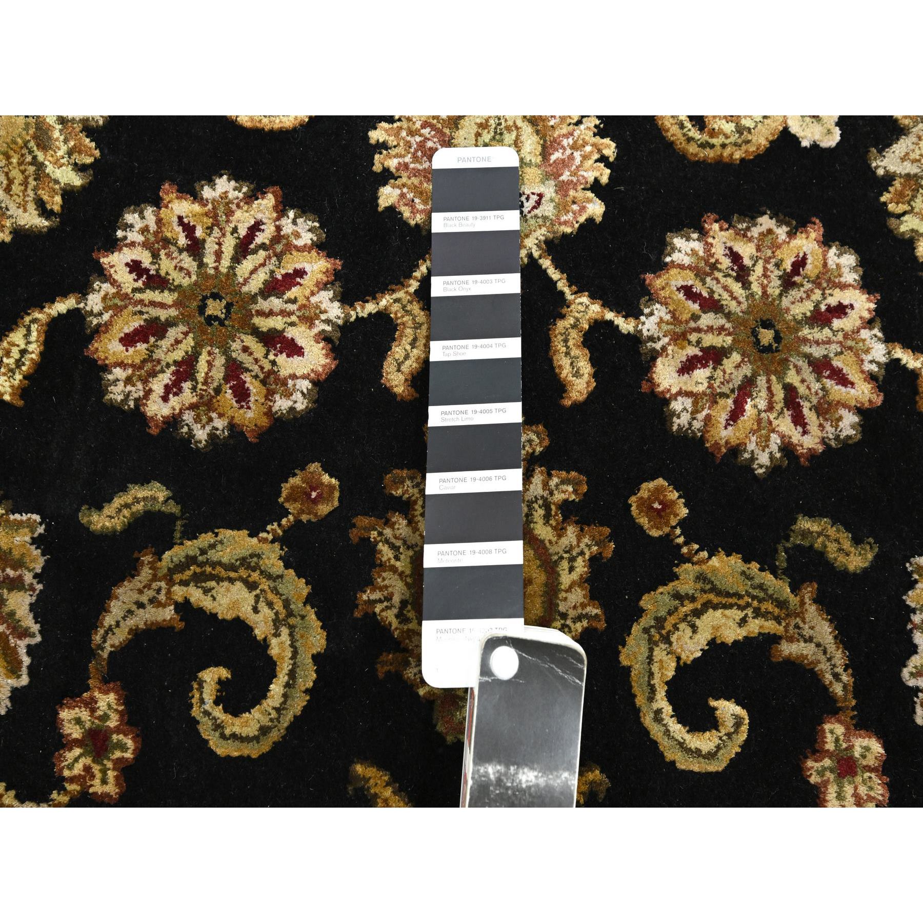 2'6"x8' Onyx Black, Rajasthan with All Over Leaf Design, Hand Knotted, Wool and Silk, Soft Pile, Thick and Plush, Runner, Oriental Rug Sh75619