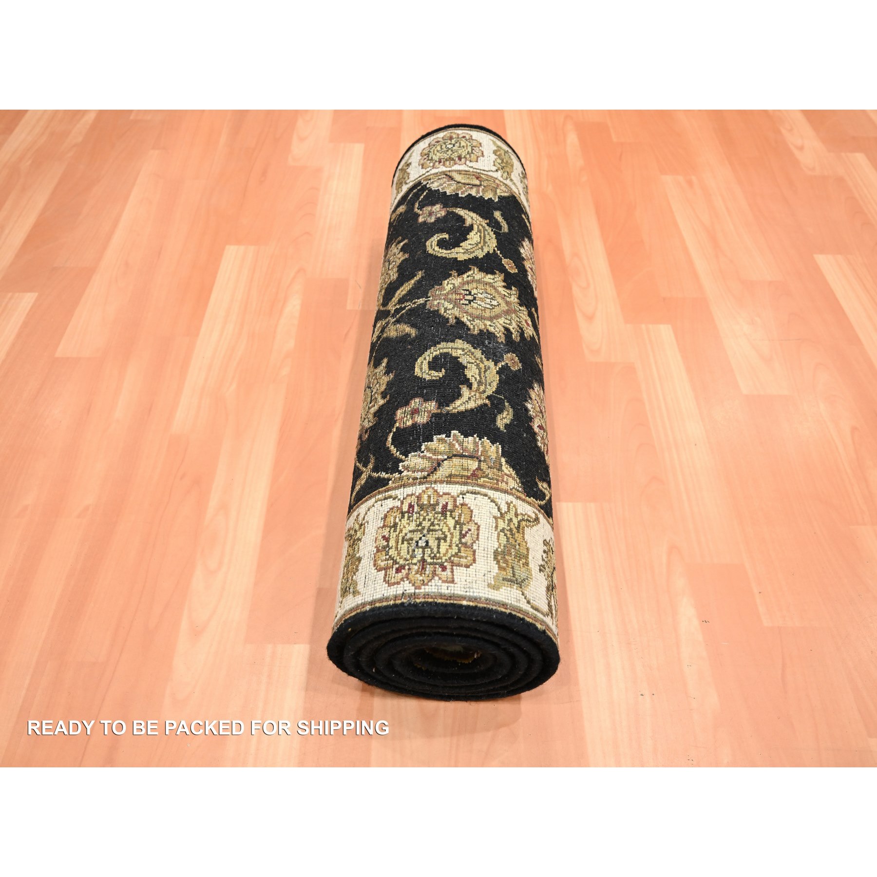 2'6"x8' Onyx Black, Rajasthan with All Over Leaf Design, Hand Knotted, Wool and Silk, Soft Pile, Thick and Plush, Runner, Oriental Rug Sh75619