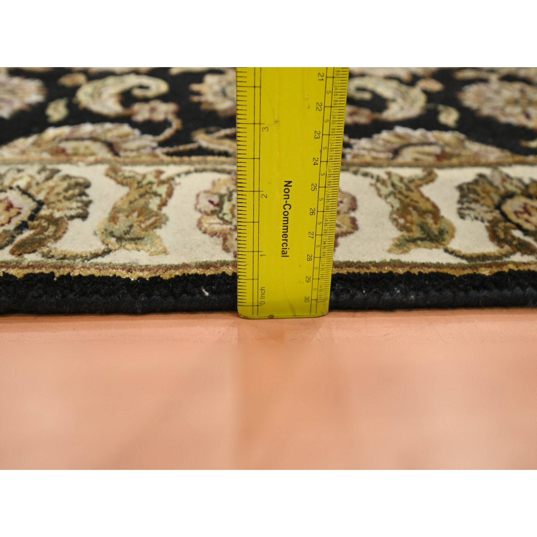 2'6"x8' Onyx Black, Rajasthan with All Over Leaf Design, Hand Knotted, Wool and Silk, Soft Pile, Thick and Plush, Runner, Oriental Rug Sh75619