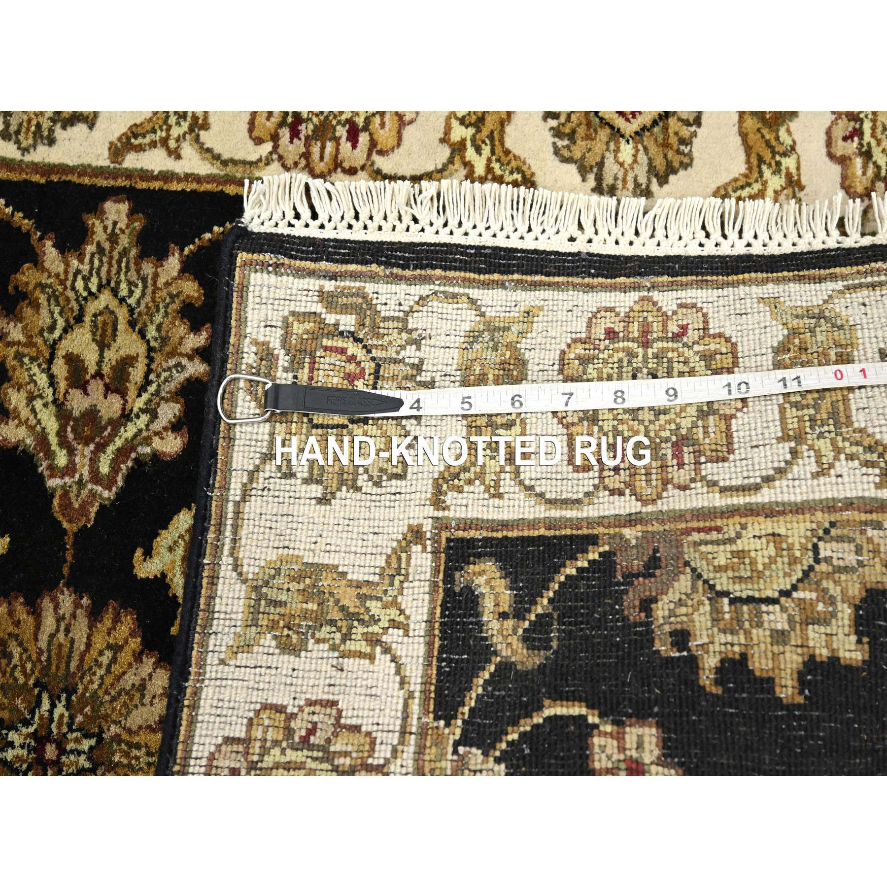 2'6"x8' Onyx Black, Rajasthan with All Over Leaf Design, Hand Knotted, Wool and Silk, Soft Pile, Thick and Plush, Runner, Oriental Rug Sh75619