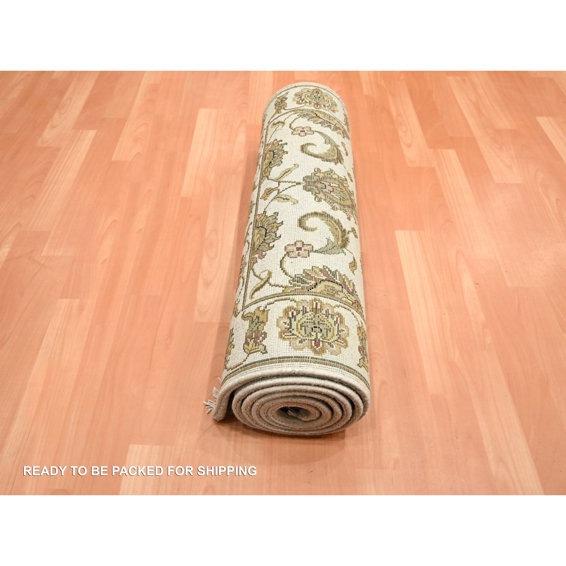 2'7"x8'3" Photon White, Rajasthan with All Over Leaf Design, Hand Knotted, Wool and Silk, Thick and Plush, Densely Woven, Runner, Oriental Rug Sh75620