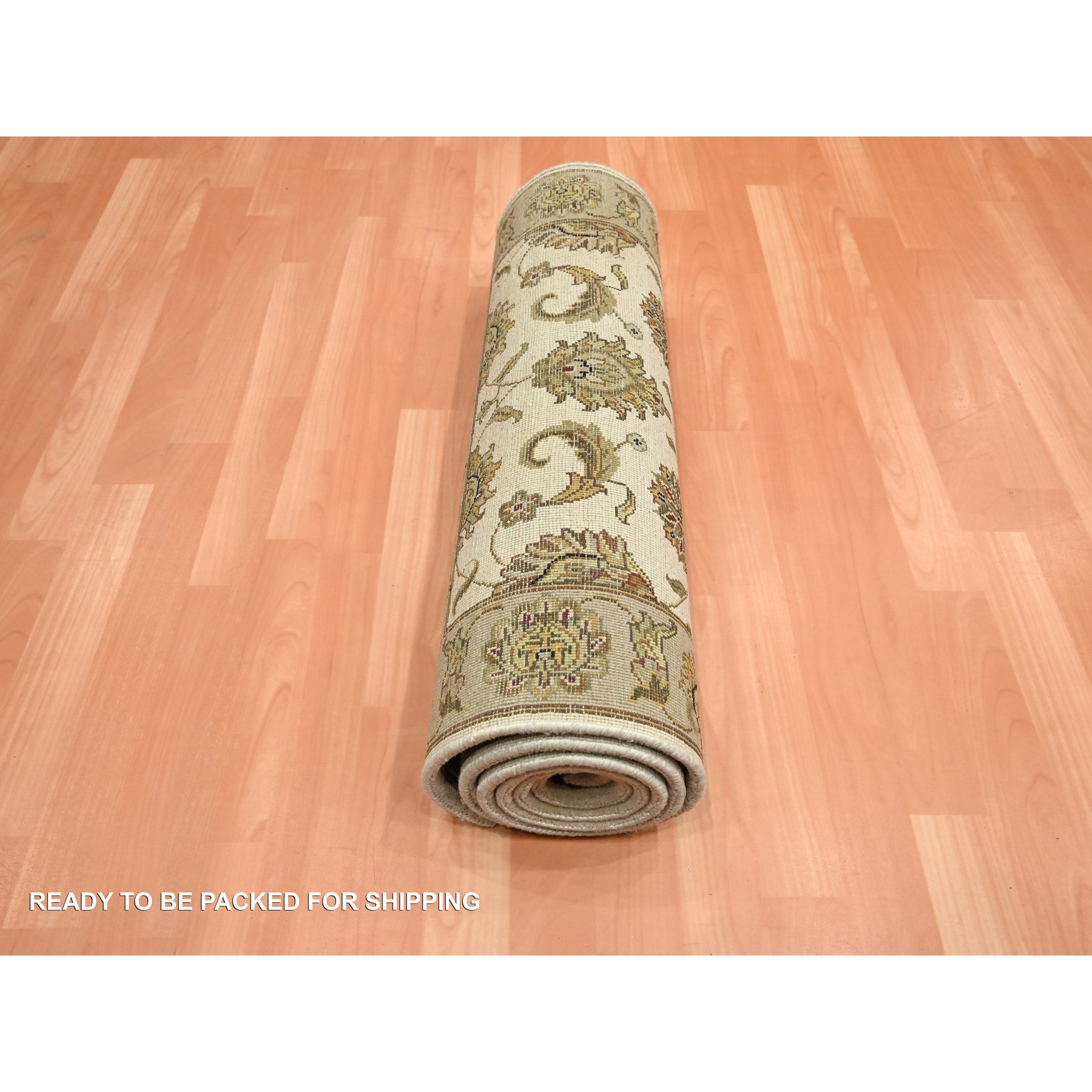 2'6"x8' Chiffon White, Rajasthan with All Over Leaf Design, Hand Knotted, Wool and Silk, Soft Pile, Thick and Plush, Runner, Oriental Rug Sh75621
