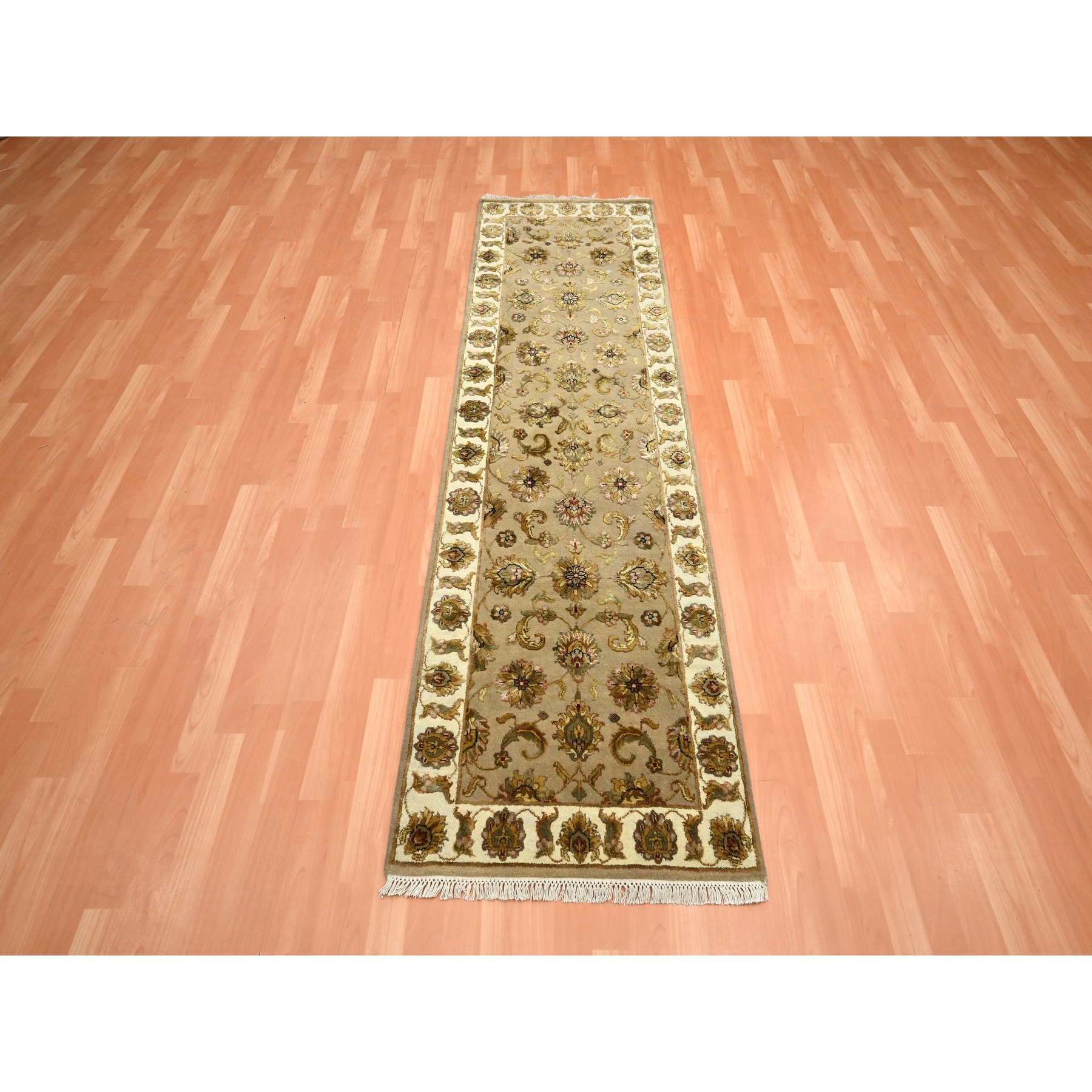 2'6"x8'3" Ecru Brown, Rajasthan with All Over Leaf Design, Hand Knotted, Wool and Silk, Densely Woven, Thick and Plush, Runner, Oriental Rug Sh75622