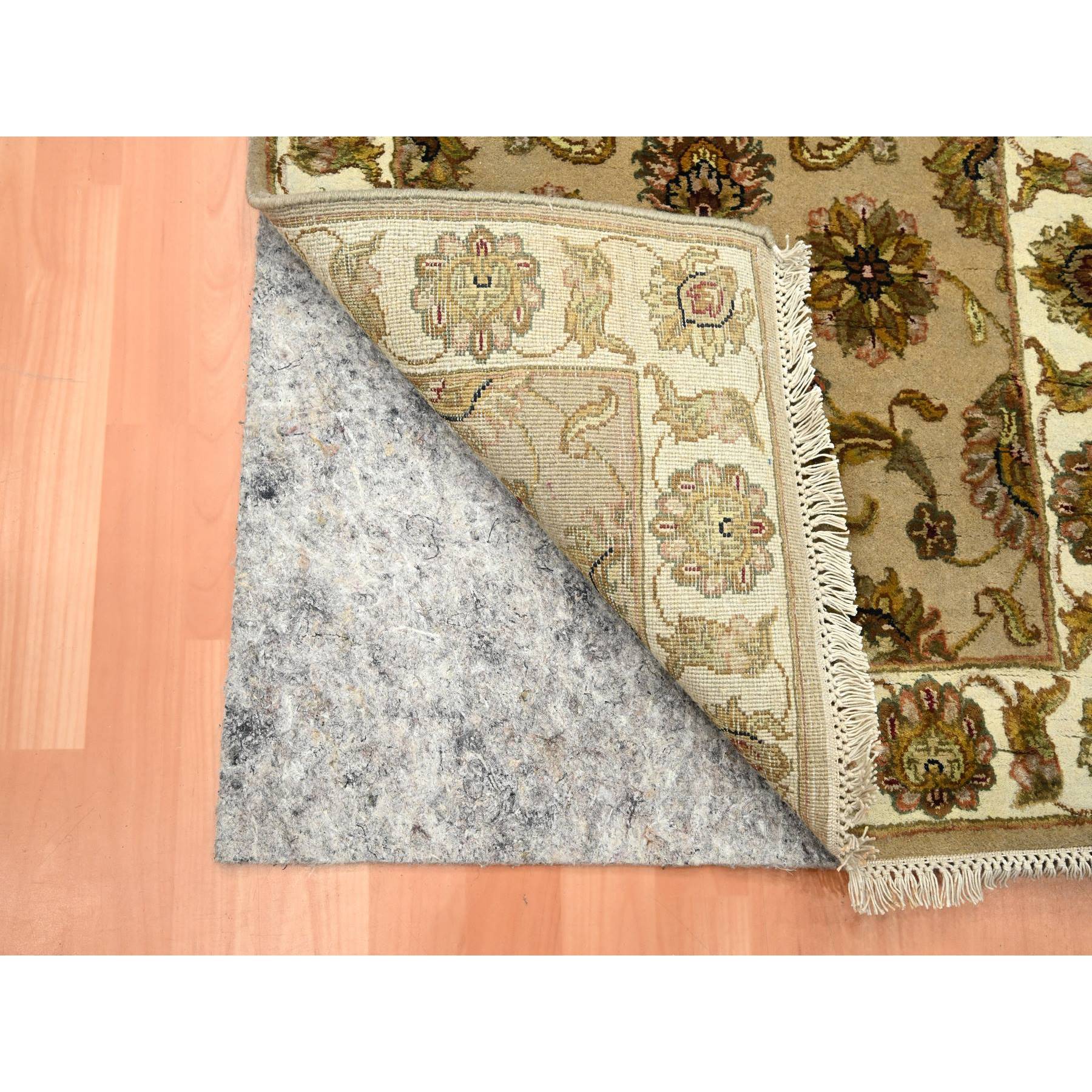 2'6"x8'3" Ecru Brown, Rajasthan with All Over Leaf Design, Hand Knotted, Wool and Silk, Densely Woven, Thick and Plush, Runner, Oriental Rug Sh75622
