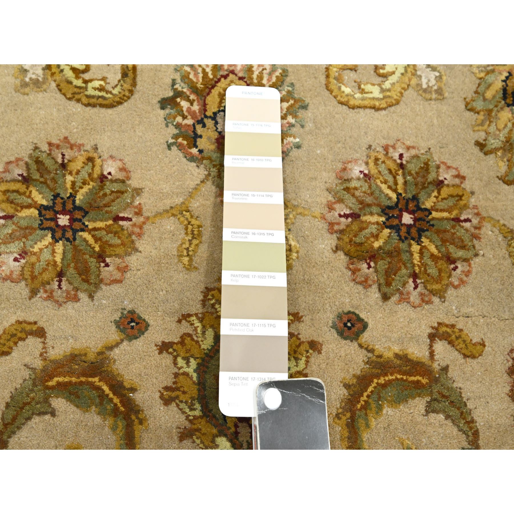 2'6"x8'3" Ecru Brown, Rajasthan with All Over Leaf Design, Hand Knotted, Wool and Silk, Densely Woven, Thick and Plush, Runner, Oriental Rug Sh75622