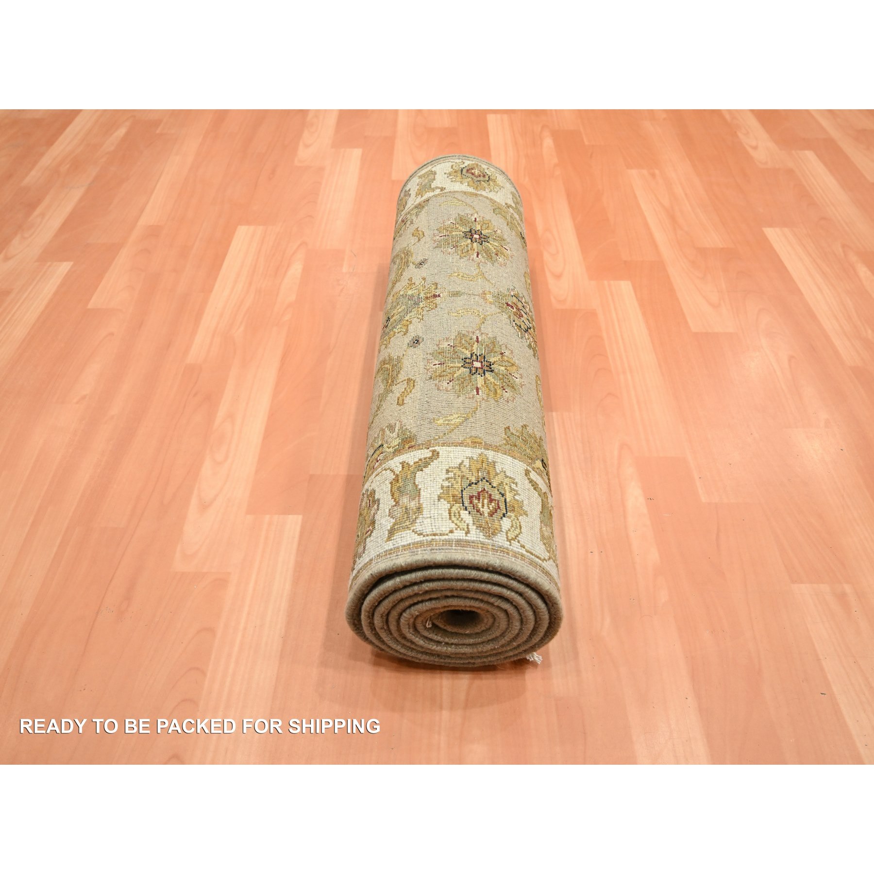 2'6"x8'3" Ecru Brown, Rajasthan with All Over Leaf Design, Hand Knotted, Wool and Silk, Densely Woven, Thick and Plush, Runner, Oriental Rug Sh75622