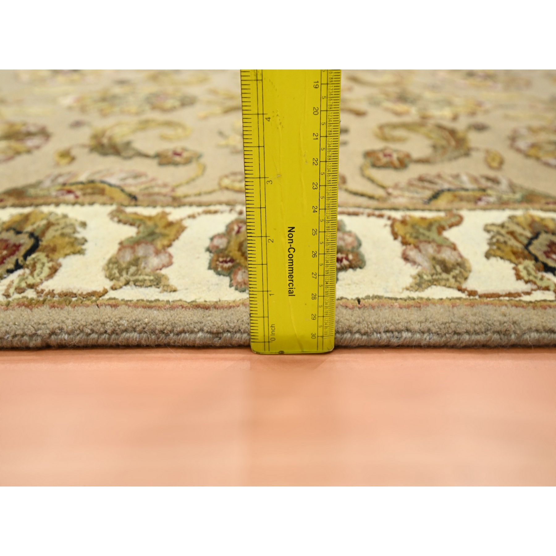 2'6"x8'3" Ecru Brown, Rajasthan with All Over Leaf Design, Hand Knotted, Wool and Silk, Densely Woven, Thick and Plush, Runner, Oriental Rug Sh75622