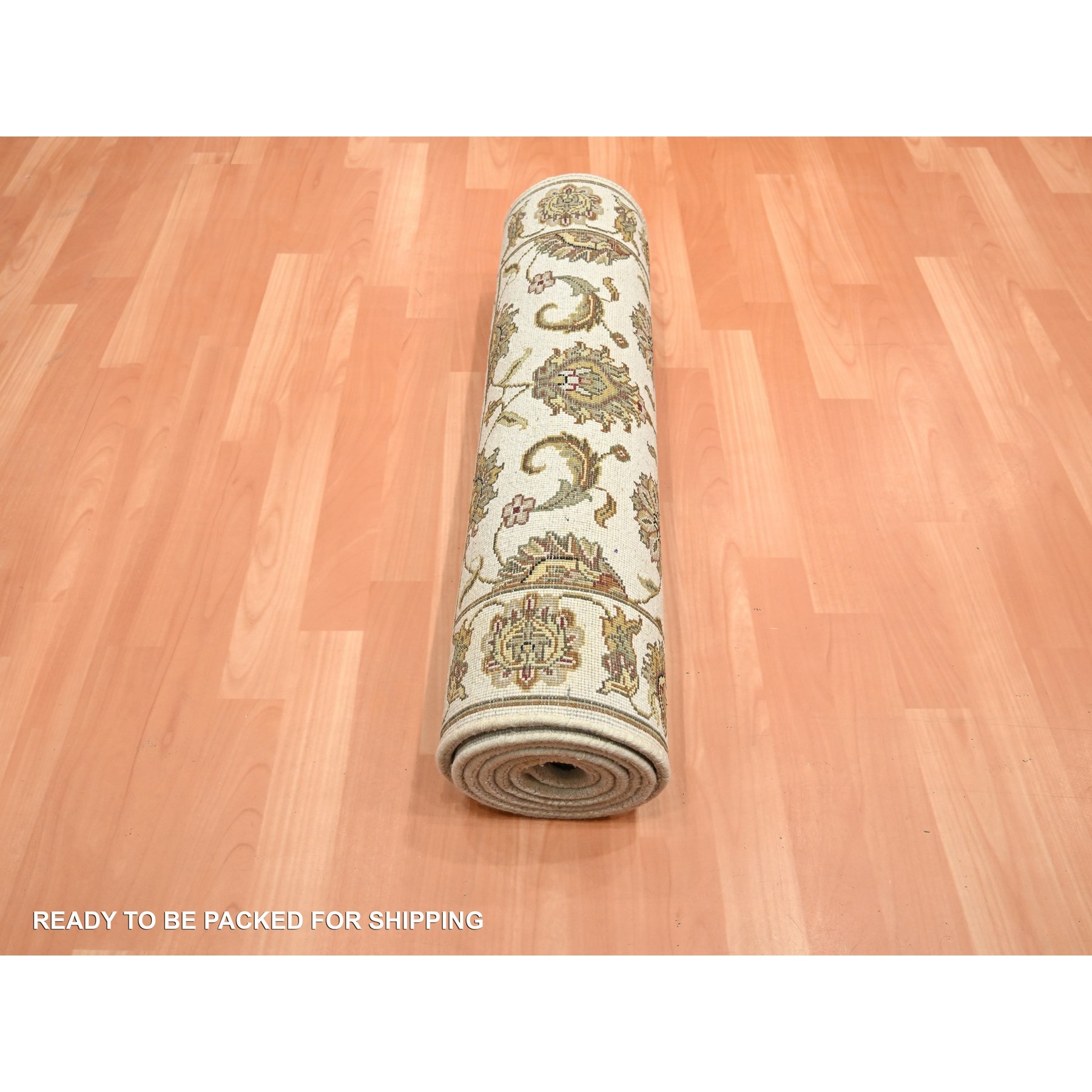 2'7"x8'3" Linen White, Rajasthan with All Over Leaf Design, Hand Knotted, Thick and Plush, Soft Pile, Wool and Silk, Runner, Oriental Rug Sh75623