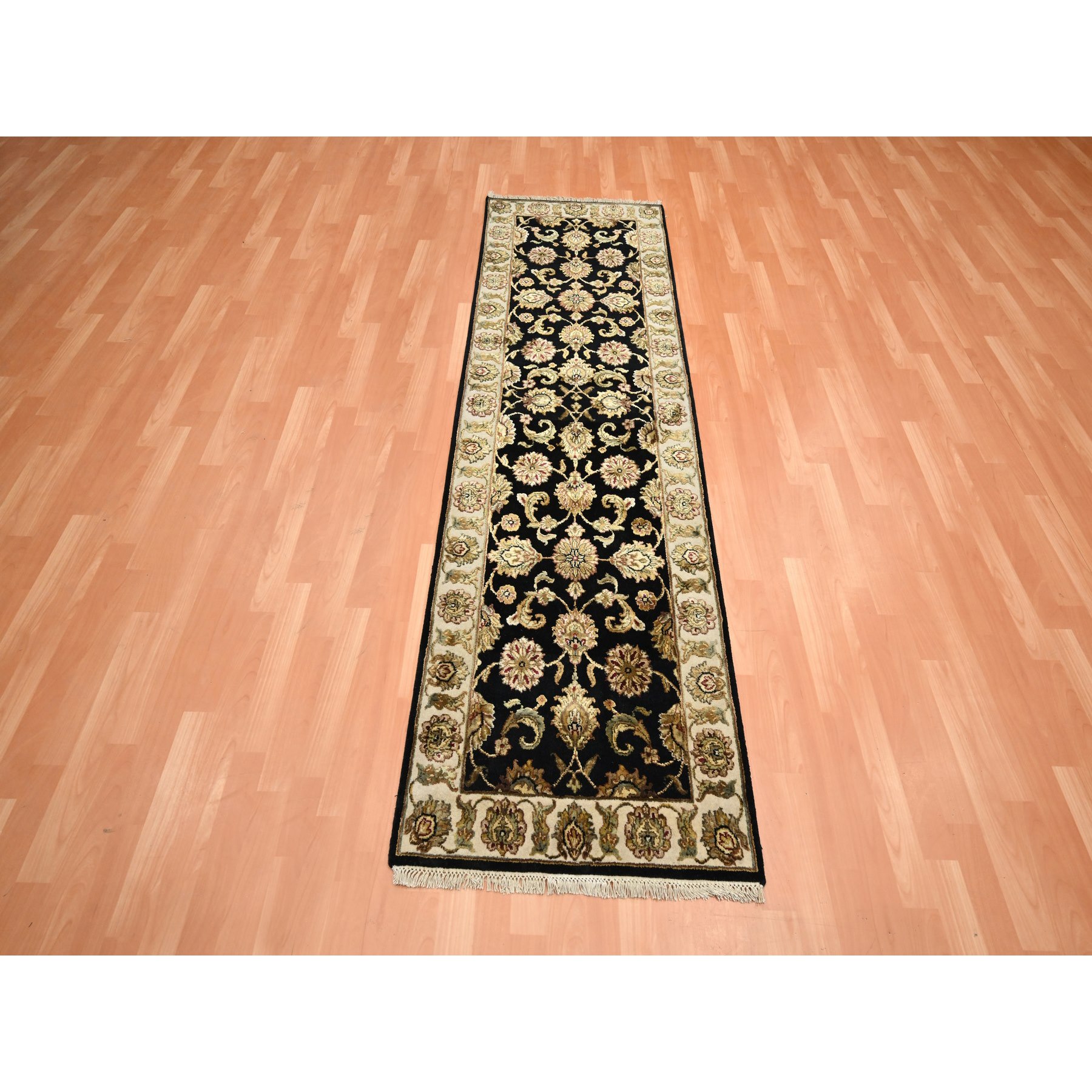 2'6"x8' Ink Black, Hand Knotted, Rajasthan with All Over Leaf Design, Wool and Silk, Densely Woven, Thick and Plush, Runner, Oriental Rug Sh75624