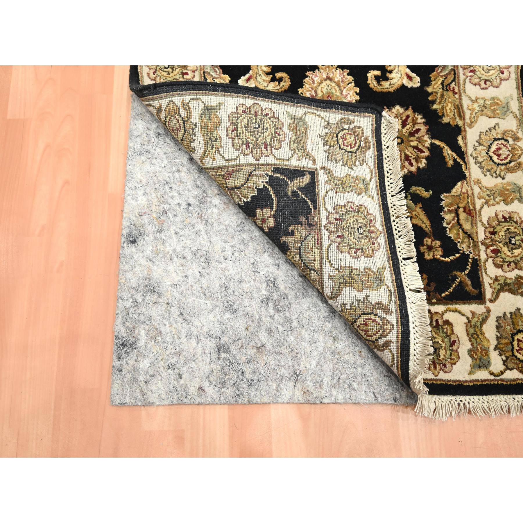 2'6"x8' Ink Black, Hand Knotted, Rajasthan with All Over Leaf Design, Wool and Silk, Densely Woven, Thick and Plush, Runner, Oriental Rug Sh75624