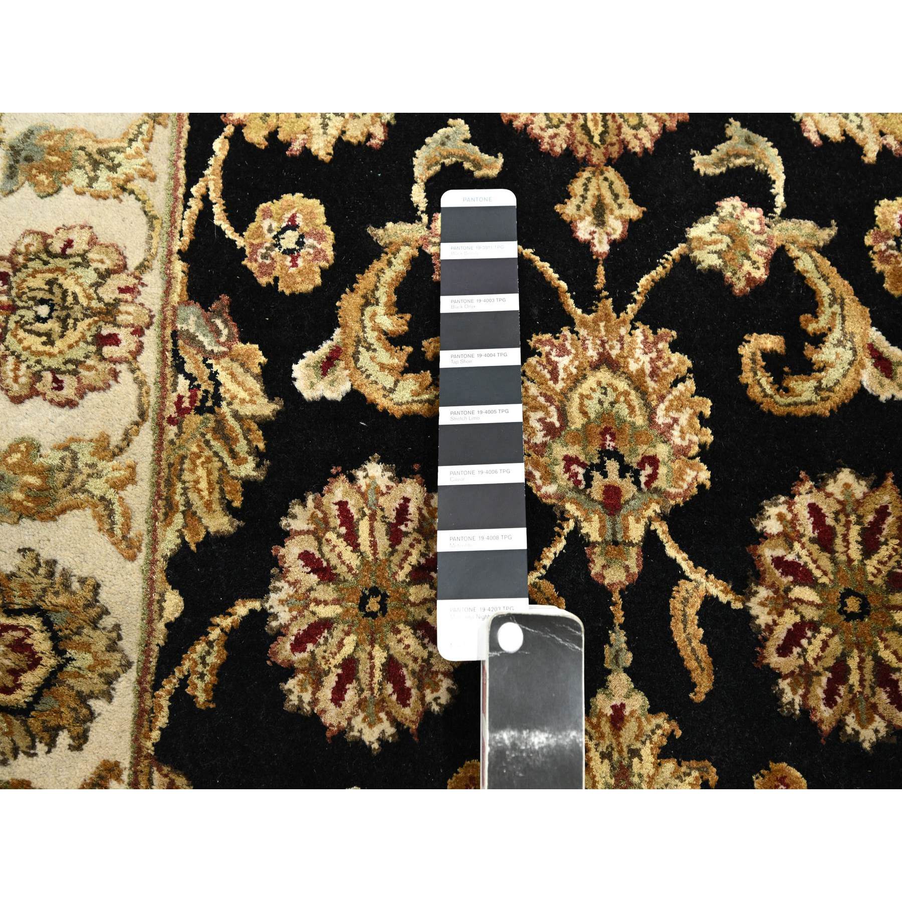 2'6"x8' Ink Black, Hand Knotted, Rajasthan with All Over Leaf Design, Wool and Silk, Densely Woven, Thick and Plush, Runner, Oriental Rug Sh75624