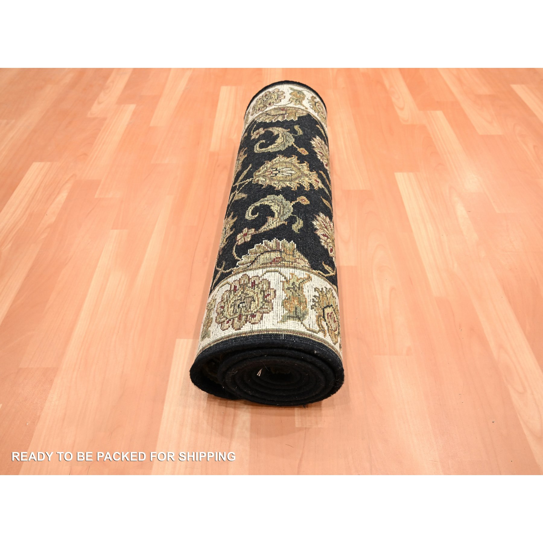 2'6"x8' Ink Black, Hand Knotted, Rajasthan with All Over Leaf Design, Wool and Silk, Densely Woven, Thick and Plush, Runner, Oriental Rug Sh75624