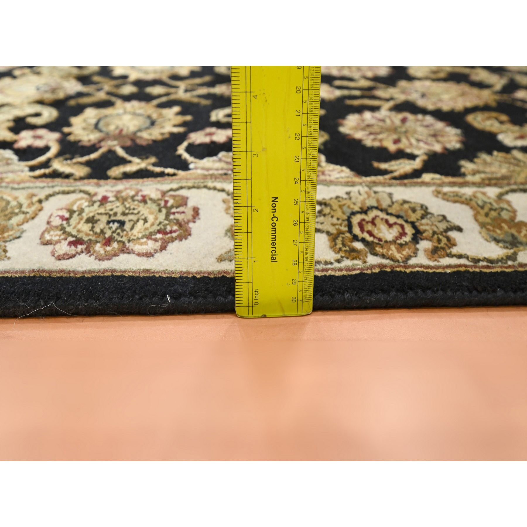 2'6"x8' Ink Black, Hand Knotted, Rajasthan with All Over Leaf Design, Wool and Silk, Densely Woven, Thick and Plush, Runner, Oriental Rug Sh75624