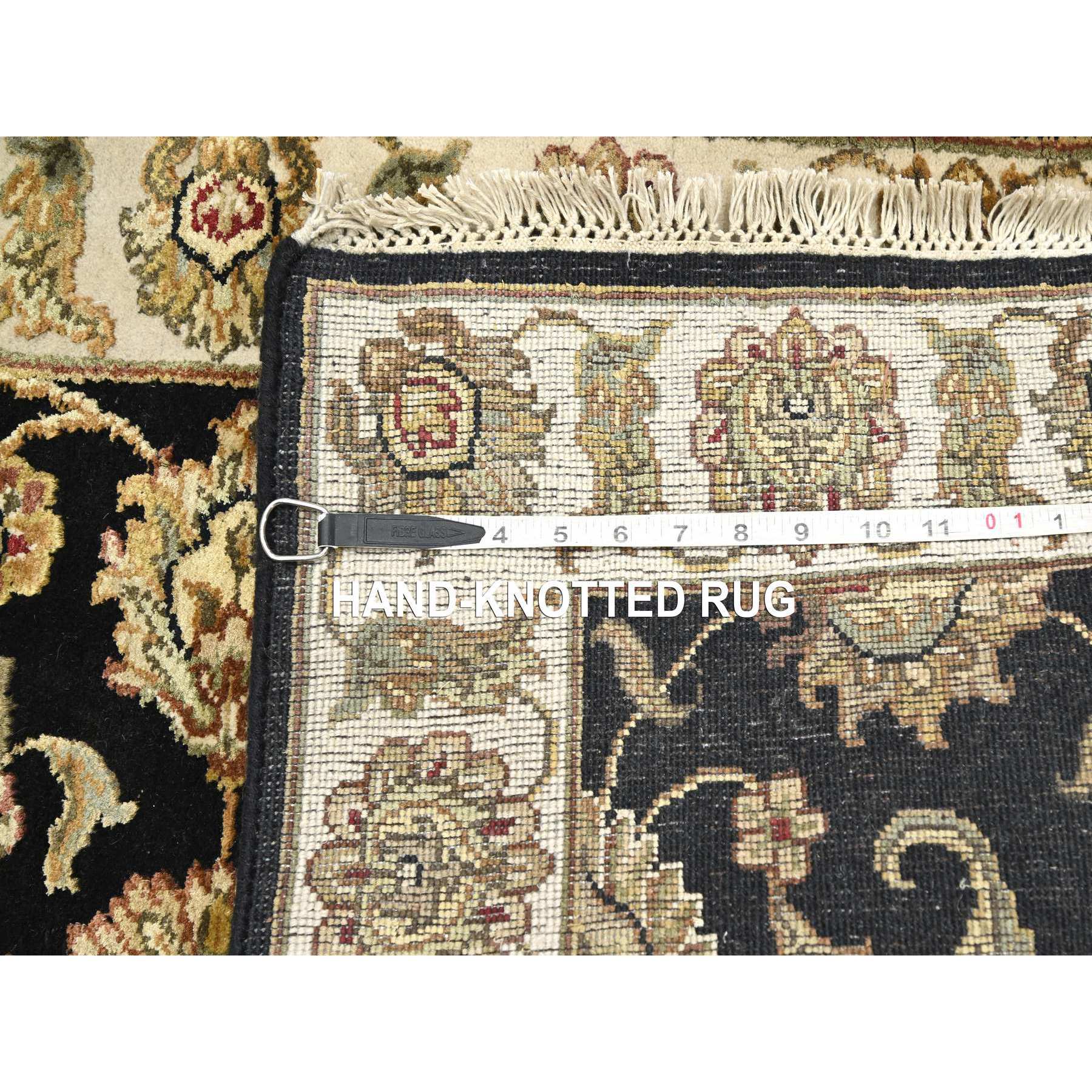 2'6"x8' Ink Black, Hand Knotted, Rajasthan with All Over Leaf Design, Wool and Silk, Densely Woven, Thick and Plush, Runner, Oriental Rug Sh75624