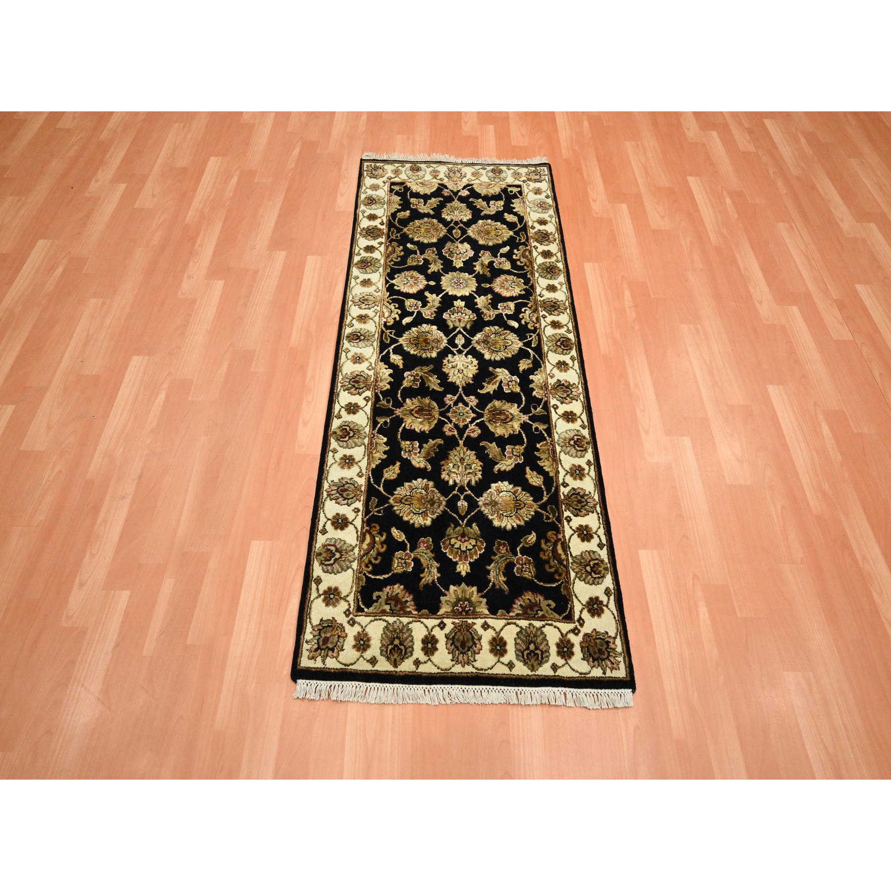2'7"x6'2" Caviar Black, Rajasthan with All Over Leaf Design, Hand Knotted, Soft Pile, Wool and Silk, Thick and Plush, Runner, Oriental Rug Sh75625
