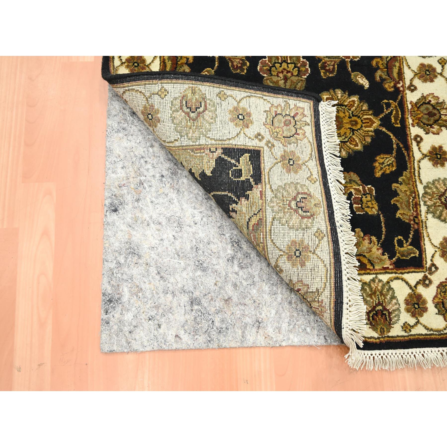 2'7"x6'2" Caviar Black, Rajasthan with All Over Leaf Design, Hand Knotted, Soft Pile, Wool and Silk, Thick and Plush, Runner, Oriental Rug Sh75625