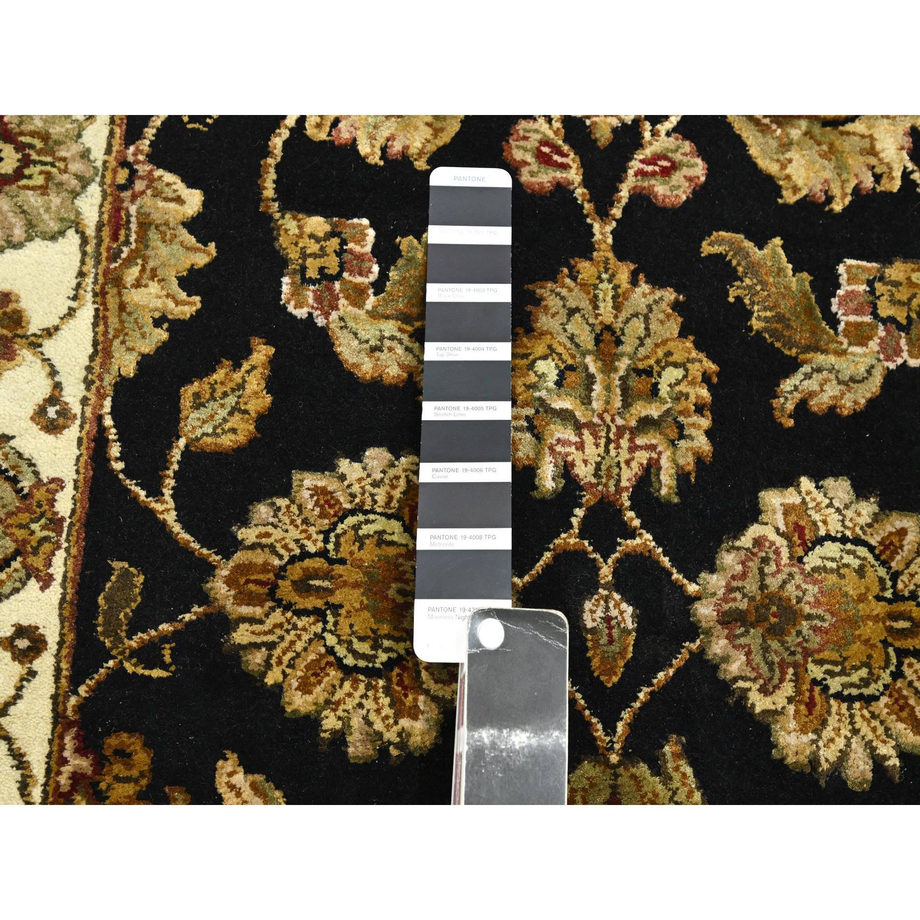 2'7"x6'2" Caviar Black, Rajasthan with All Over Leaf Design, Hand Knotted, Soft Pile, Wool and Silk, Thick and Plush, Runner, Oriental Rug Sh75625