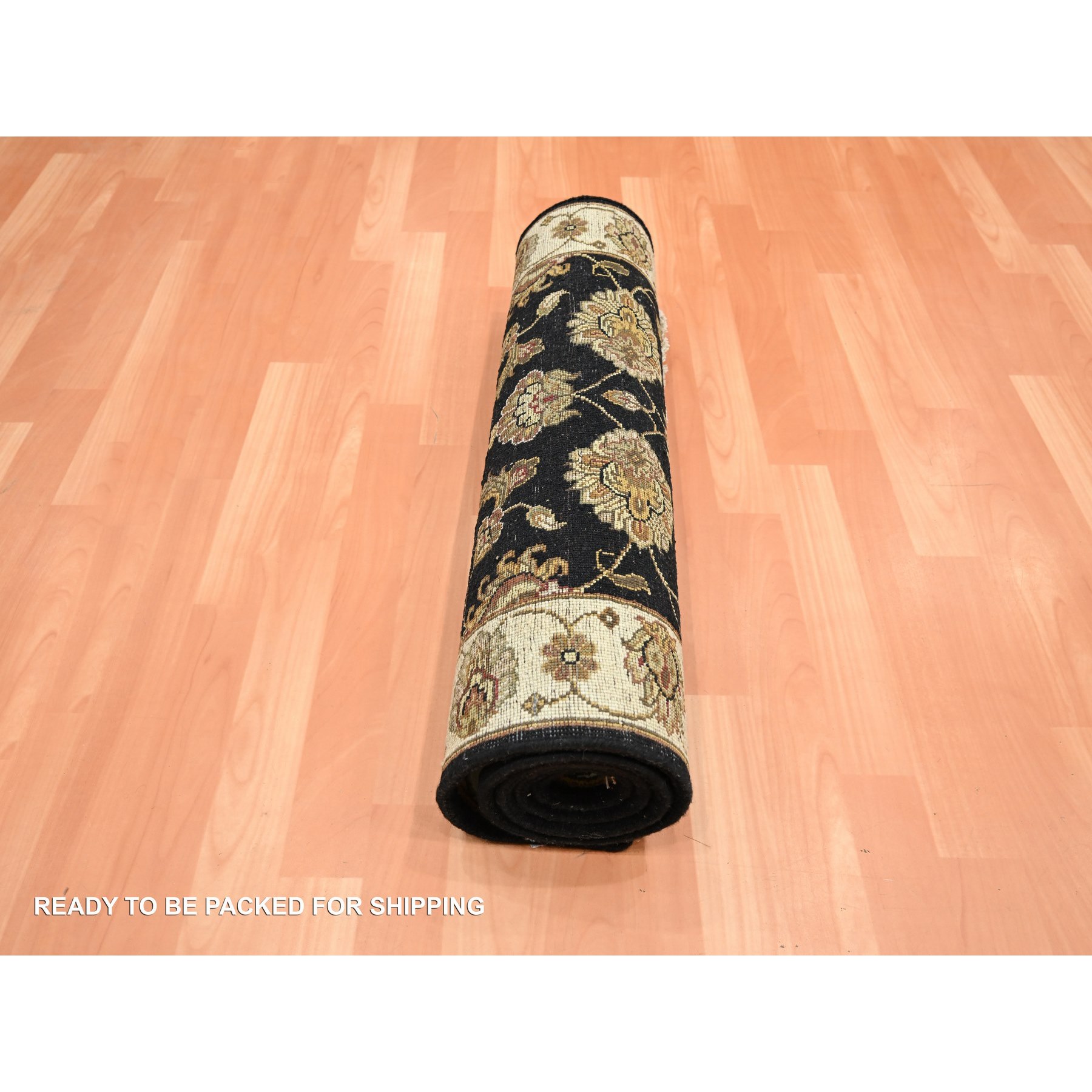 2'7"x6'2" Caviar Black, Rajasthan with All Over Leaf Design, Hand Knotted, Soft Pile, Wool and Silk, Thick and Plush, Runner, Oriental Rug Sh75625