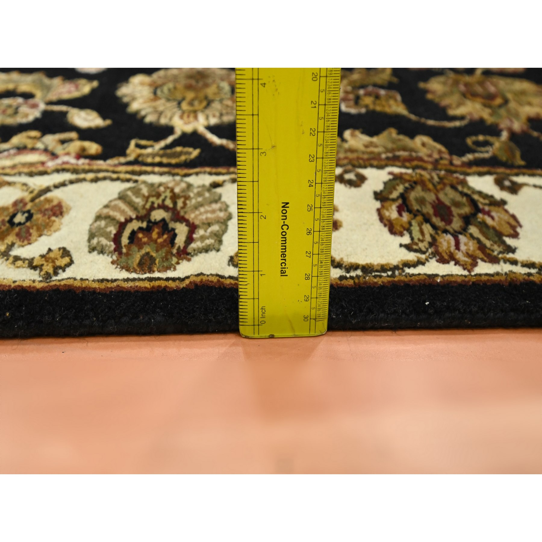 2'7"x6'2" Caviar Black, Rajasthan with All Over Leaf Design, Hand Knotted, Soft Pile, Wool and Silk, Thick and Plush, Runner, Oriental Rug Sh75625