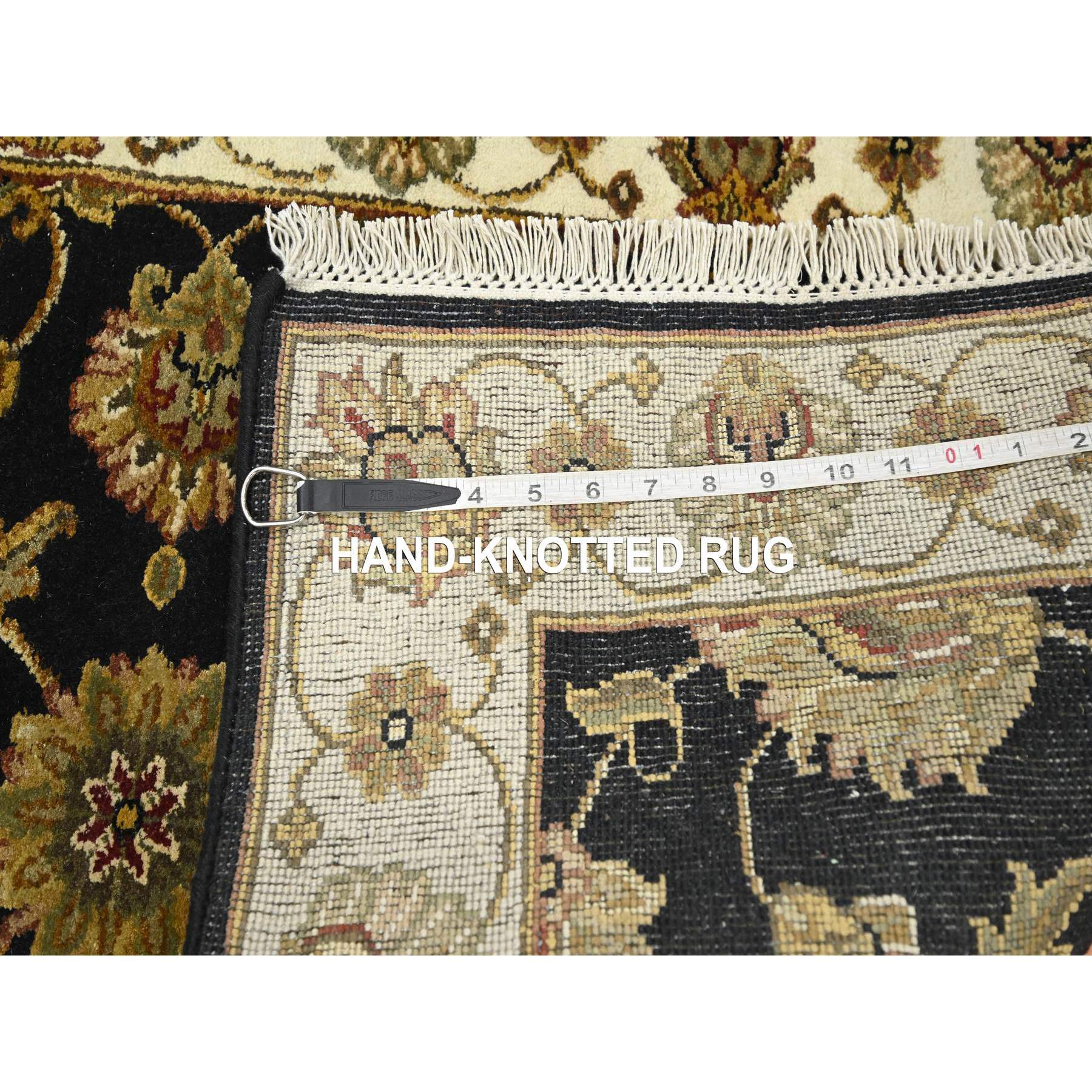 2'7"x6'2" Caviar Black, Rajasthan with All Over Leaf Design, Hand Knotted, Soft Pile, Wool and Silk, Thick and Plush, Runner, Oriental Rug Sh75625