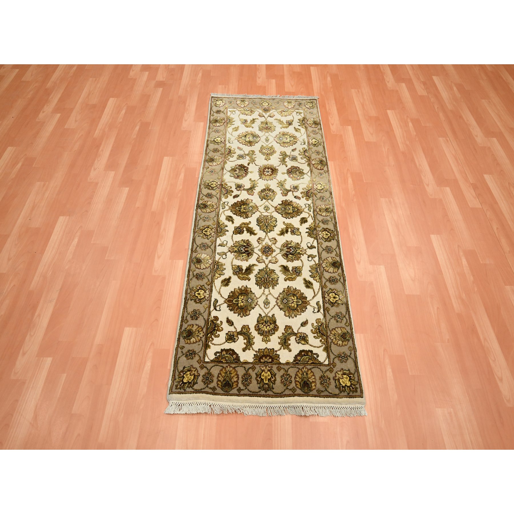 2'6"x6'2" Bone White, Rajasthan with All Over Leaf Design, Hand Knotted, Wool and Silk, Soft Pile, Thick and Plush, Runner, Oriental Rug Sh75626