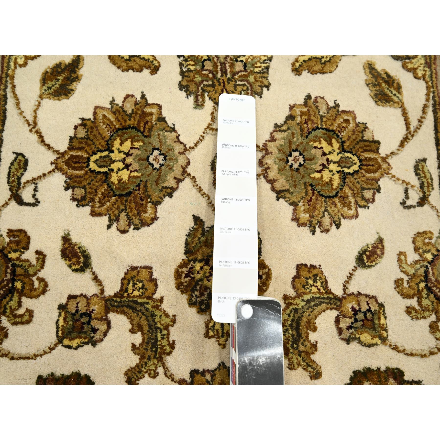 2'6"x6'2" Bone White, Rajasthan with All Over Leaf Design, Hand Knotted, Wool and Silk, Soft Pile, Thick and Plush, Runner, Oriental Rug Sh75626