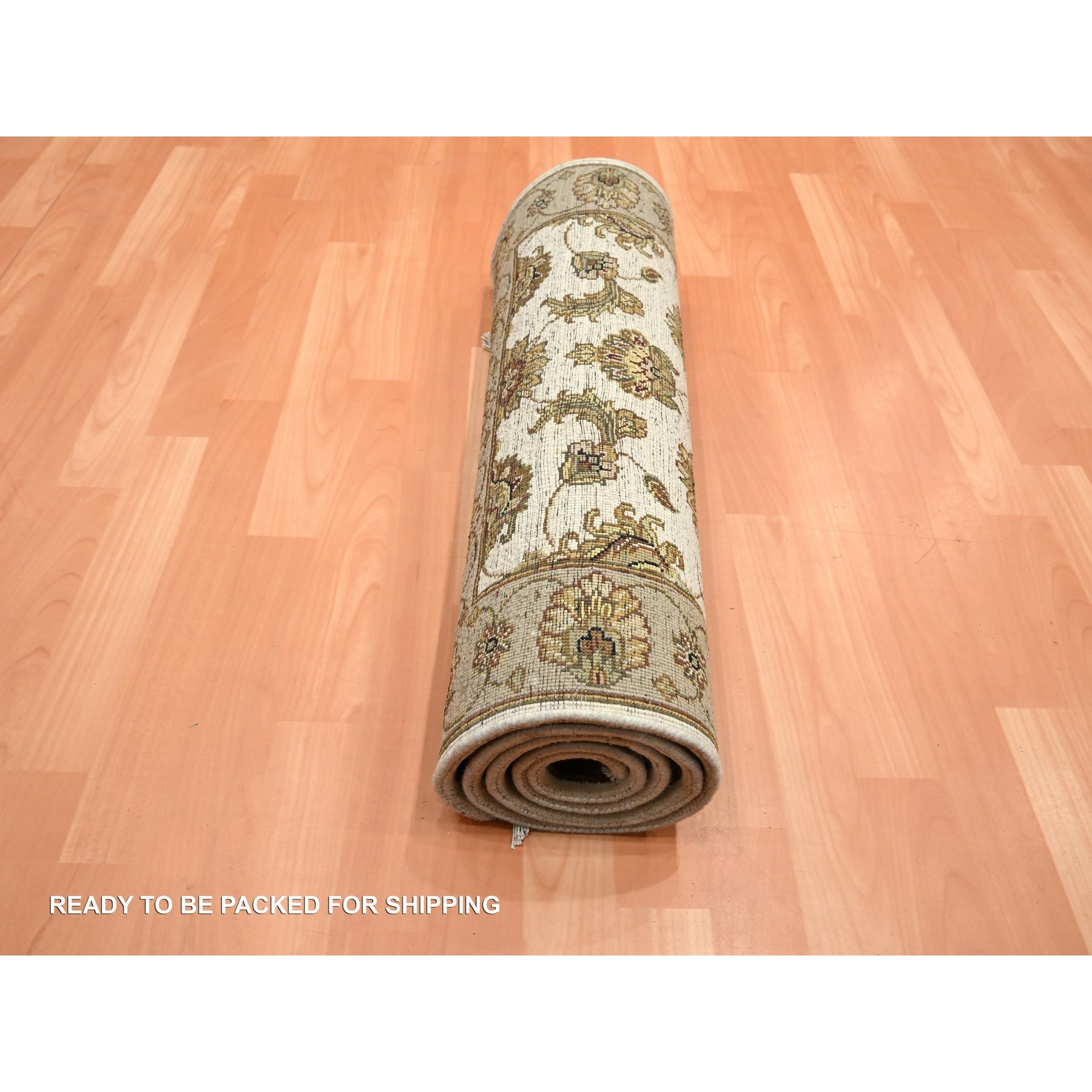 2'6"x6'2" Bone White, Rajasthan with All Over Leaf Design, Hand Knotted, Wool and Silk, Soft Pile, Thick and Plush, Runner, Oriental Rug Sh75626