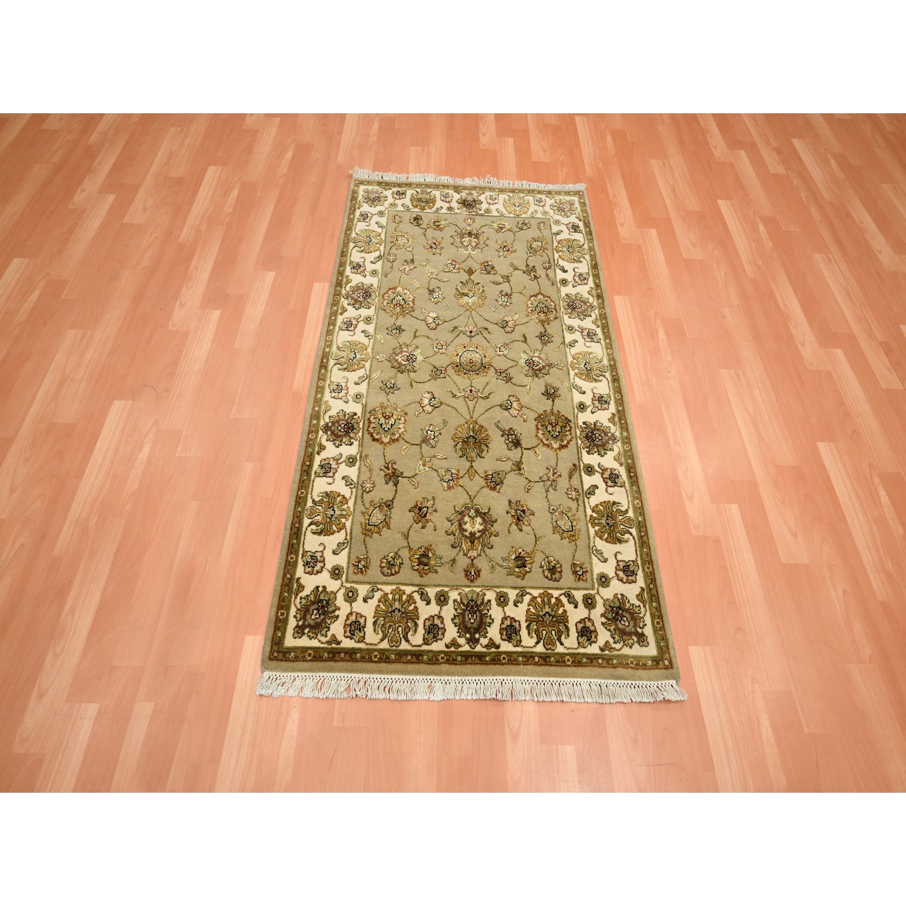 3'x5'3" Khaki Brown, Rajasthan with All Over Leaf Design, Hand Knotted, Densely Woven, Wool and Silk, Thick and Plush, Oriental Rug Sh75627