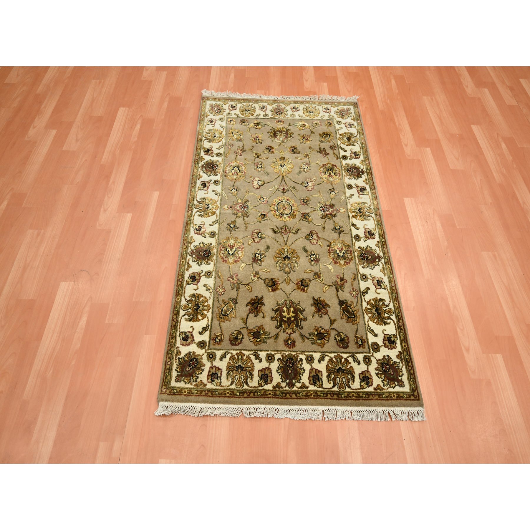 3'x5' Ecru Brown, Rajasthan with All Over Leaf Design, Hand Knotted, Soft Pile, Wool and Silk, Thick and Plush, Oriental Rug Sh75628