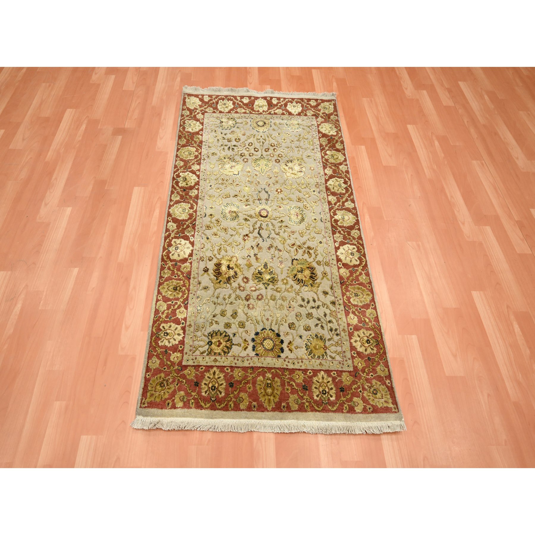 3'x5'6" Dark Vanilla Brown, Rajasthan with All Over Leaf Design, Hand Knotted, Wool and Silk, Soft Pile, Thick and Plush, Oriental Rug Sh75629