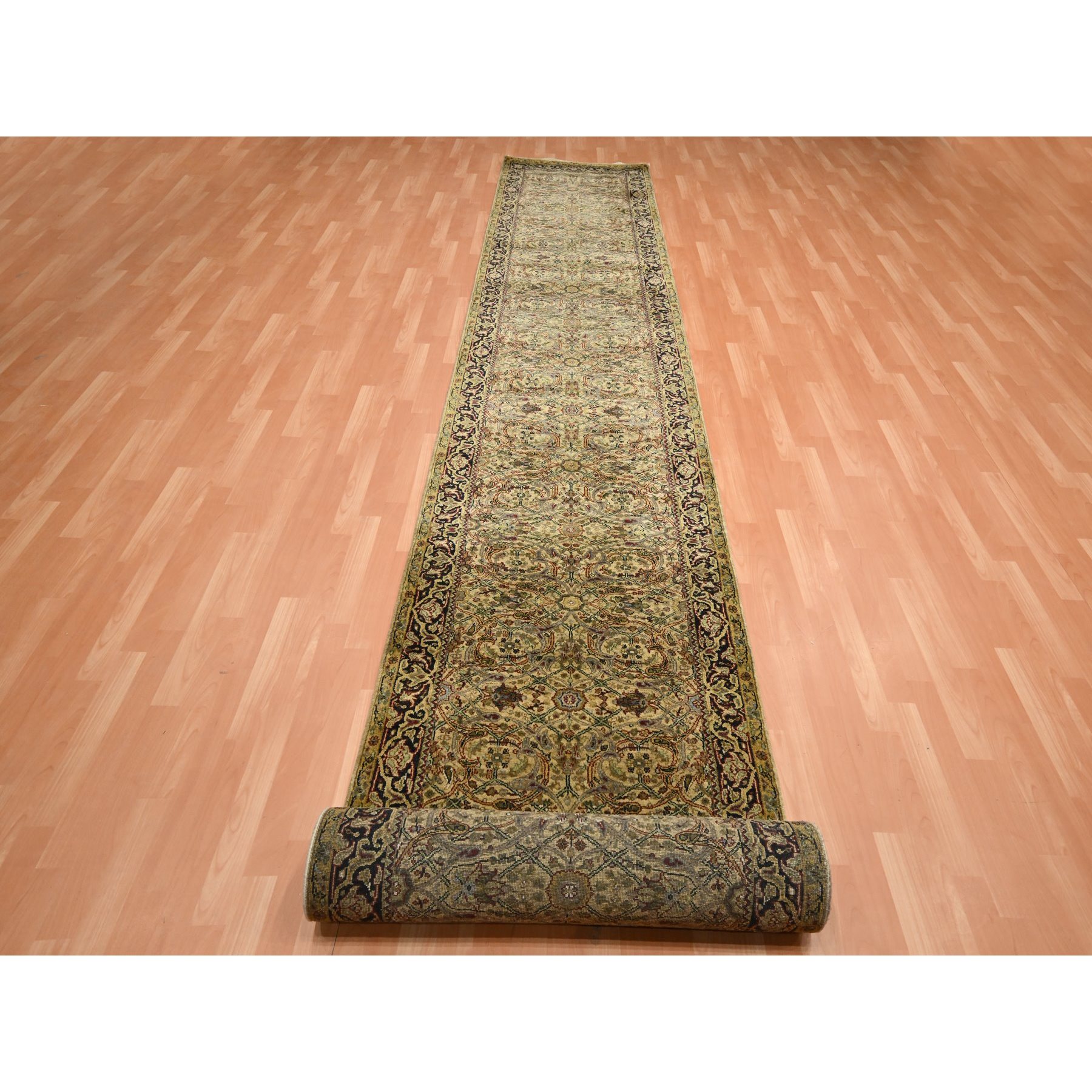 3'2"x19'4" Golden Yellow, Hand Knotted, Rajasthan with All Over Leaf Design, Densely Woven, 100% Wool, Thick and Plush, XL Runner, Oriental Rug Sh75632