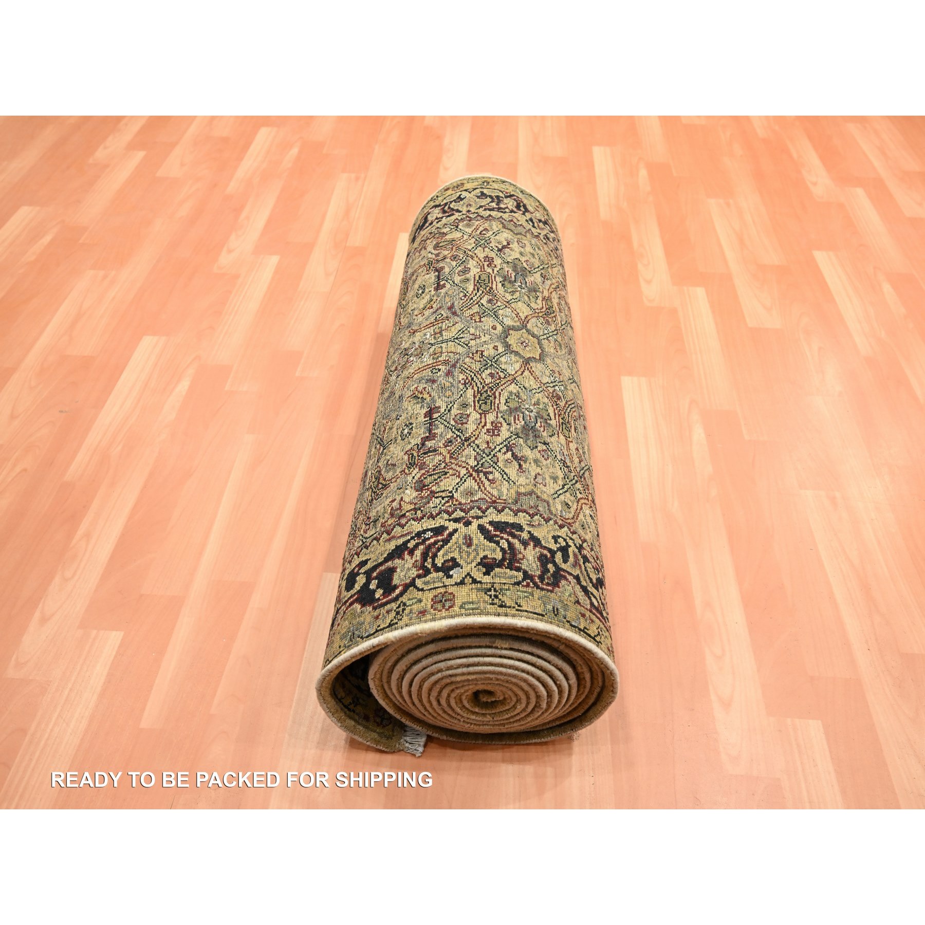 3'2"x19'4" Golden Yellow, Hand Knotted, Rajasthan with All Over Leaf Design, Densely Woven, 100% Wool, Thick and Plush, XL Runner, Oriental Rug Sh75632