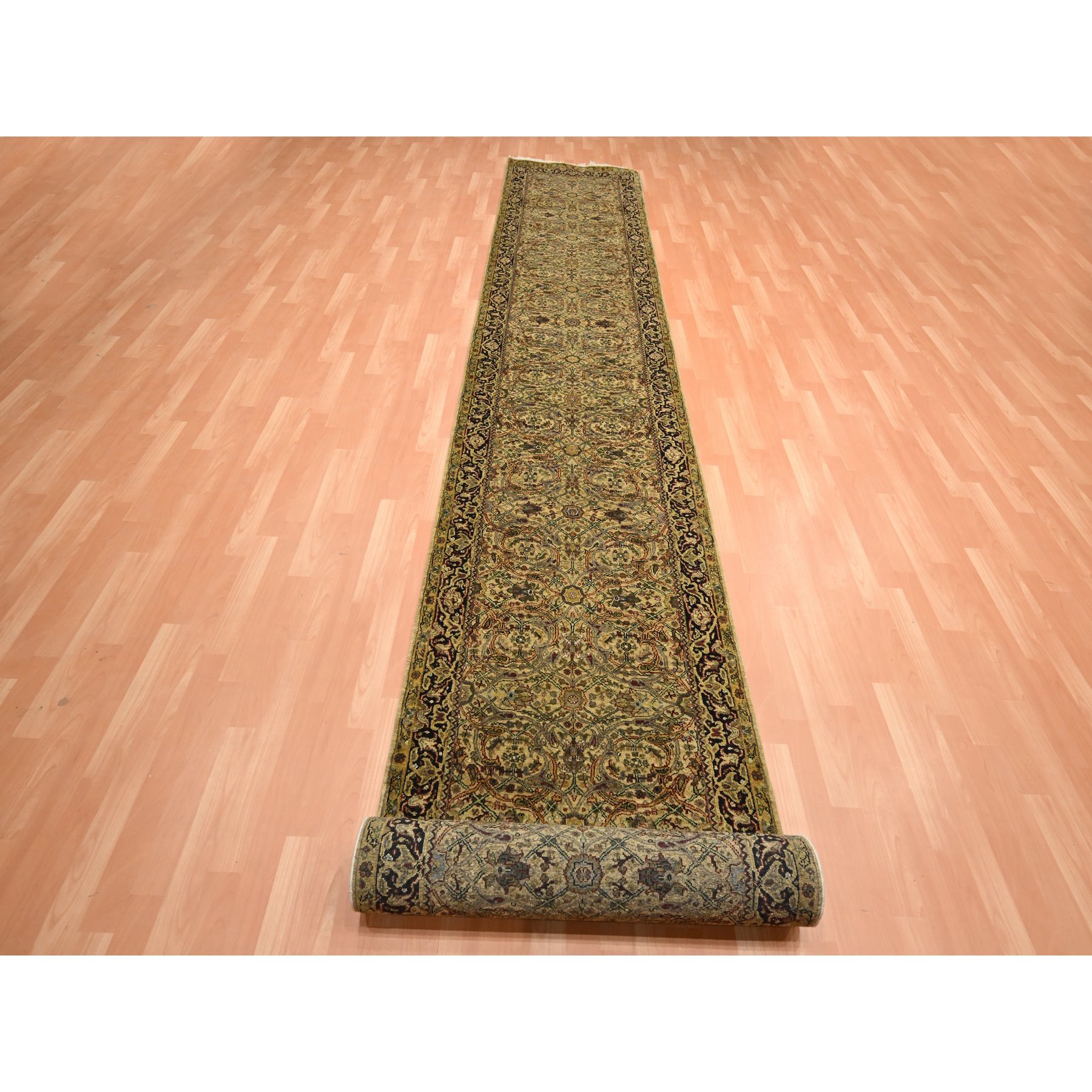 3'x19'5" Golden Yellow, Rajasthan with All Over Leaf Design, Hand Knotted, Densely Woven, 100% Wool, Thick and Plush, XL Runner, Oriental Rug Sh75633