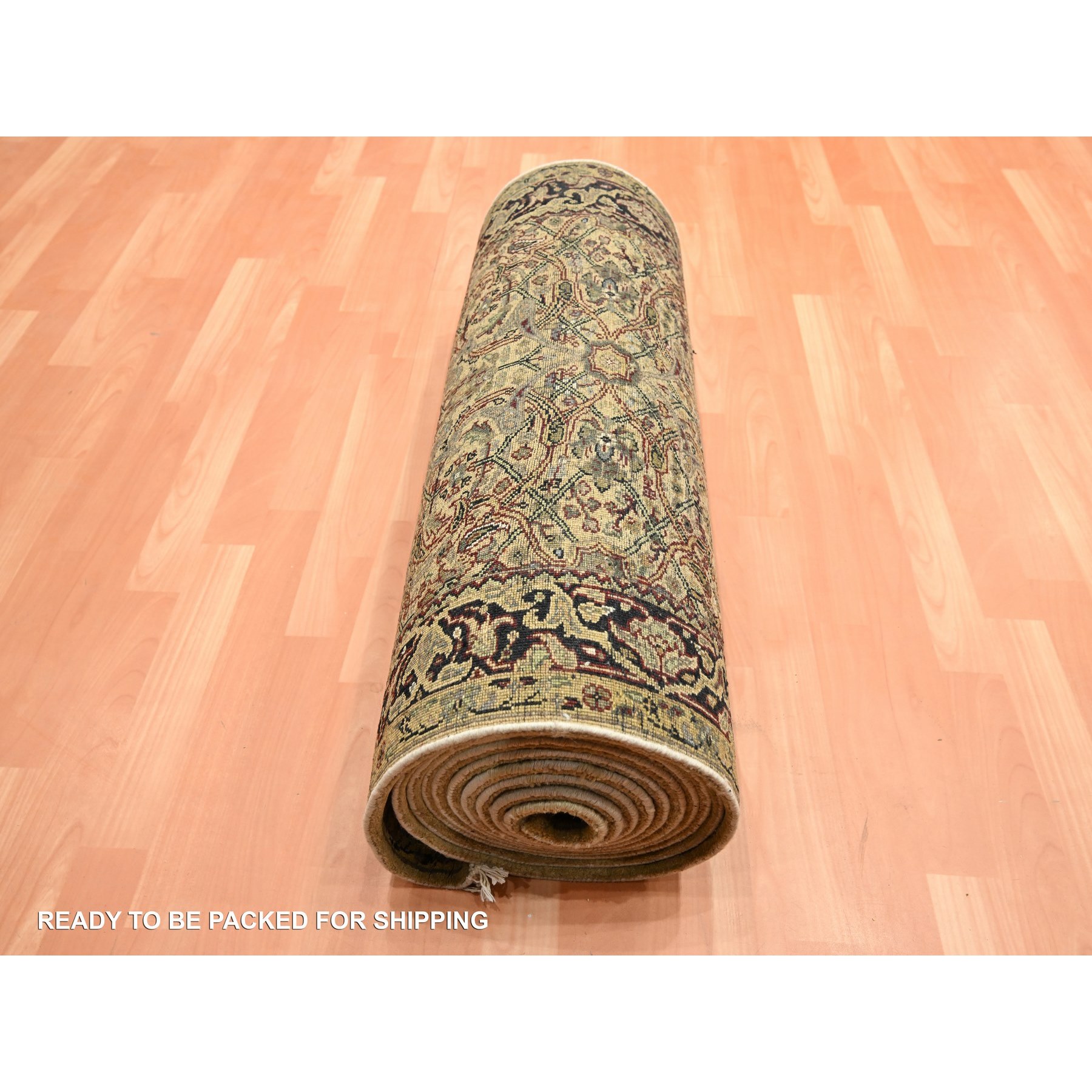 3'x19'5" Golden Yellow, Rajasthan with All Over Leaf Design, Hand Knotted, Densely Woven, 100% Wool, Thick and Plush, XL Runner, Oriental Rug Sh75633