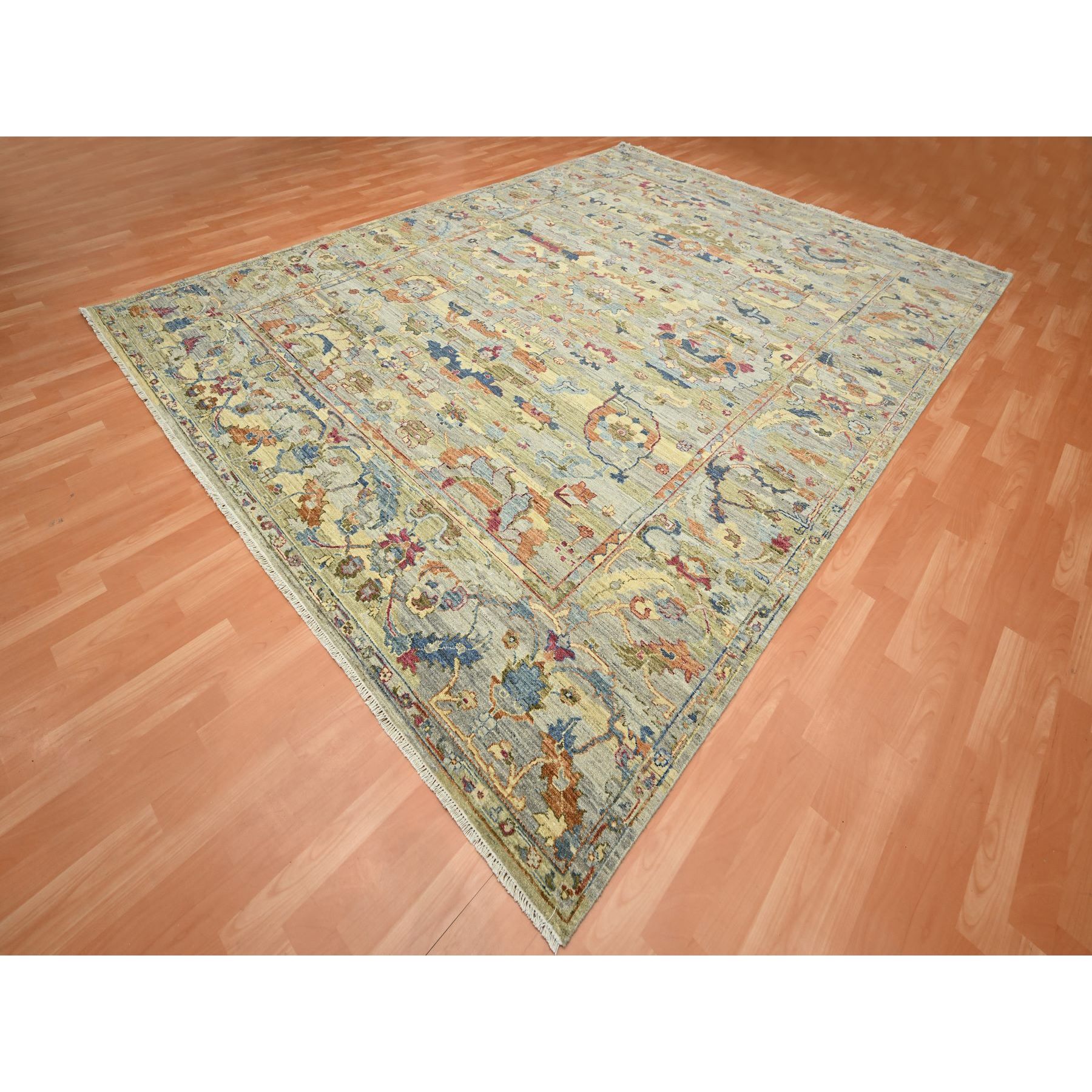 9'x12'2" Macaroon Yellow, Ziegler Mahal Design with Distinct Abrash, Sheared Low, Vegetable Dyes, 100% Wool, Hand Knotted, Oriental Rug Sh75634