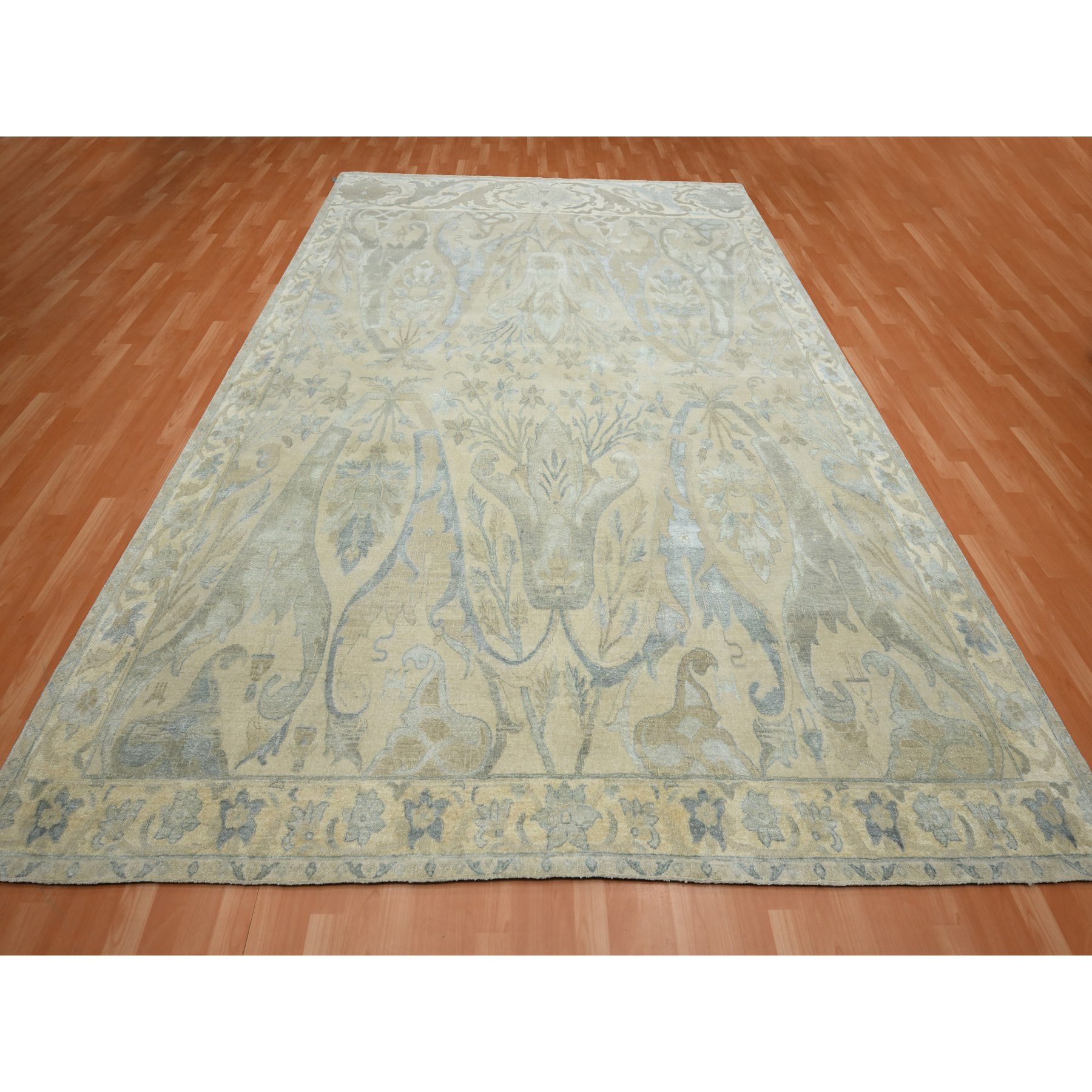 8'10"x12'1" Papyrus White, Bijar Garus Spacious Persian Design with Soft Colors, Wool & Silk, Hand Knotted, Natural Dyes, Oriental Rug Sh75637
