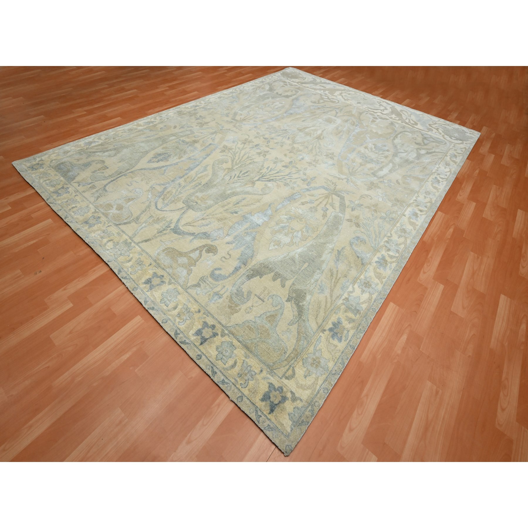 8'10"x12'1" Papyrus White, Bijar Garus Spacious Persian Design with Soft Colors, Wool & Silk, Hand Knotted, Natural Dyes, Oriental Rug Sh75637