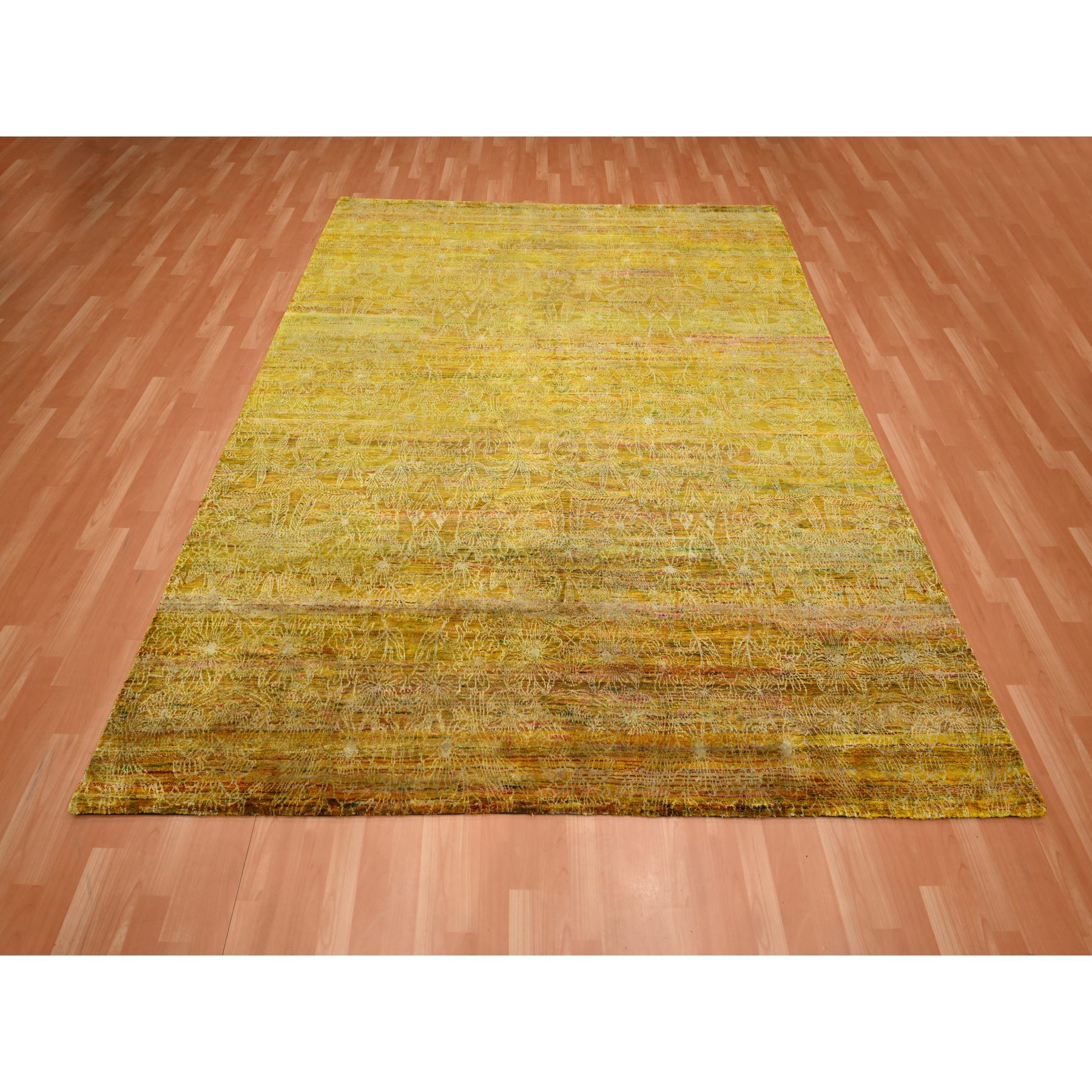 8'x9'3" Golden Brown with Green, Modern Design, Sari Silk, Hand Knotted, Thick and Plush, Squarish, Oriental Rug Sh75642