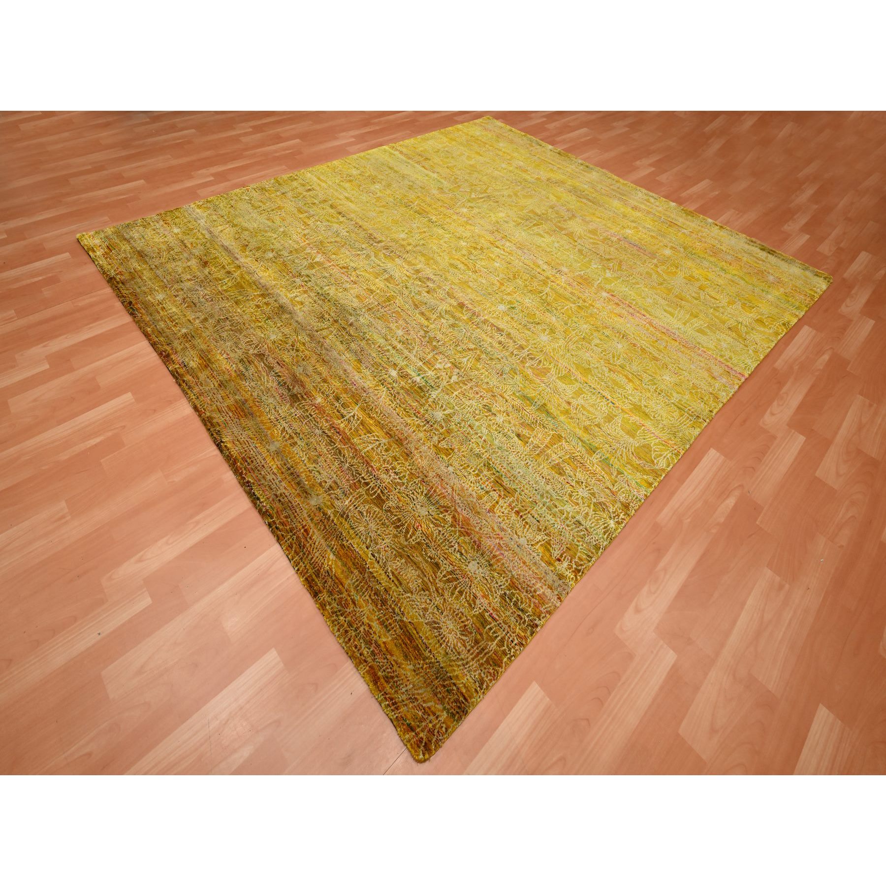 8'x9'3" Golden Brown with Green, Modern Design, Sari Silk, Hand Knotted, Thick and Plush, Squarish, Oriental Rug Sh75642