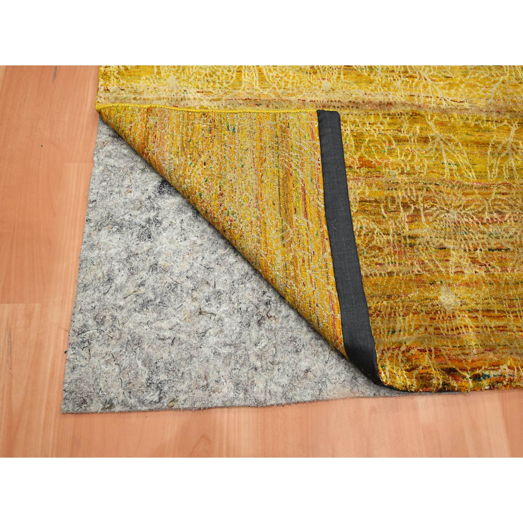 8'x9'3" Golden Brown with Green, Modern Design, Sari Silk, Hand Knotted, Thick and Plush, Squarish, Oriental Rug Sh75642