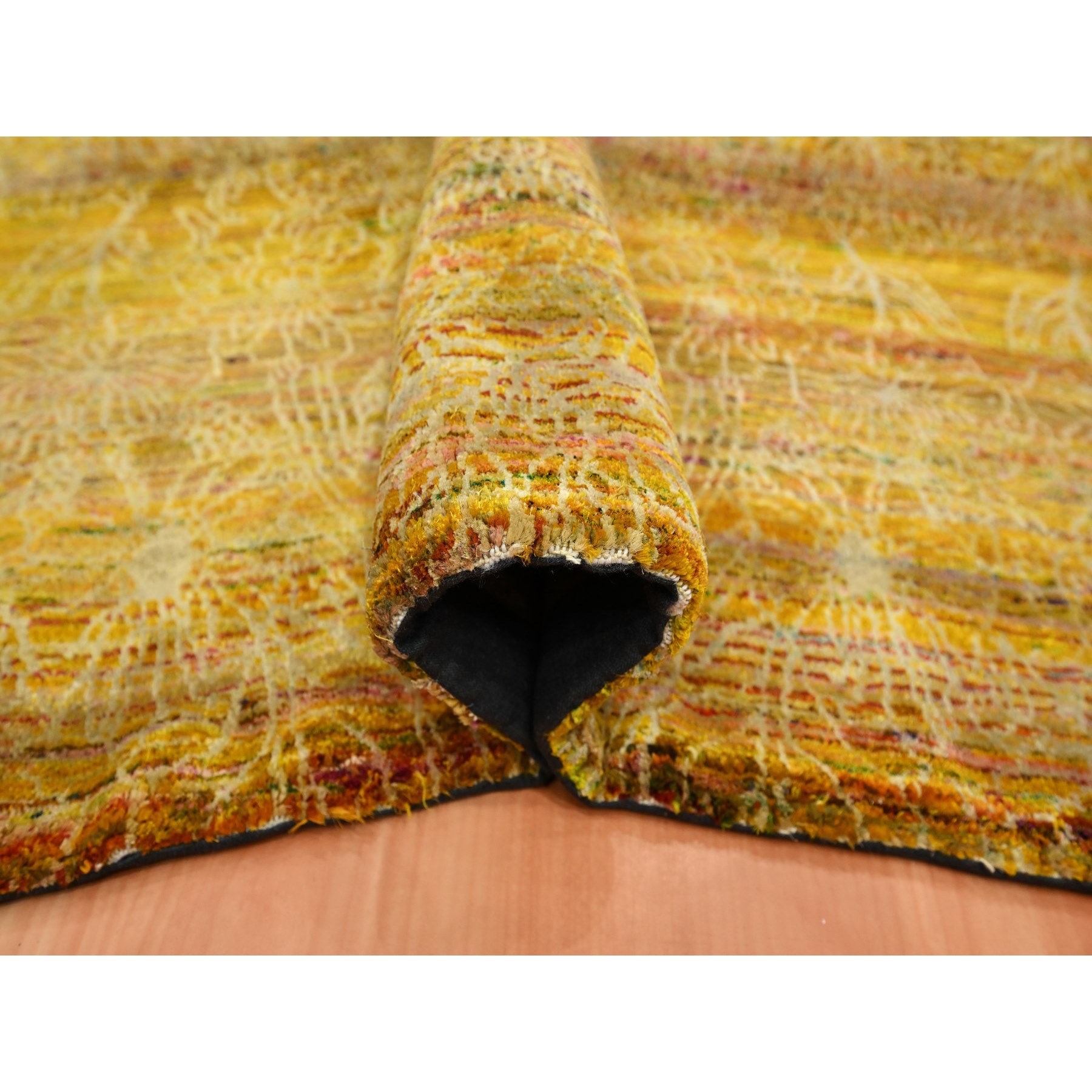 8'x9'3" Golden Brown with Green, Modern Design, Sari Silk, Hand Knotted, Thick and Plush, Squarish, Oriental Rug Sh75642