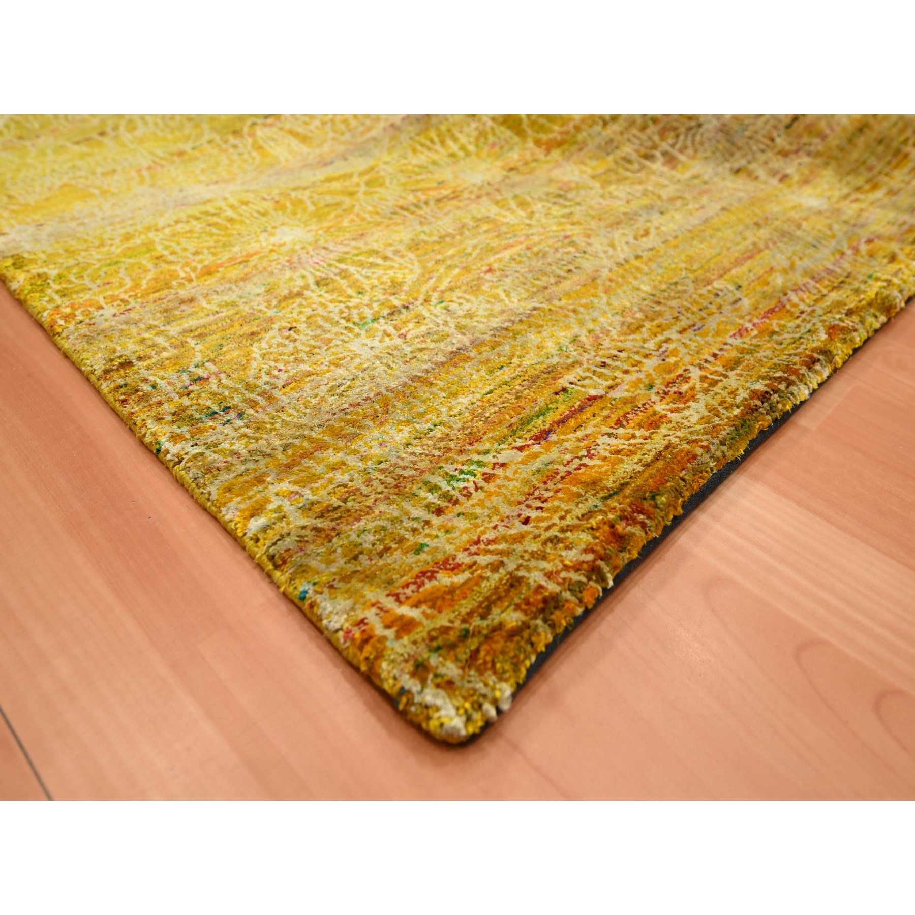 8'x9'3" Golden Brown with Green, Modern Design, Sari Silk, Hand Knotted, Thick and Plush, Squarish, Oriental Rug Sh75642