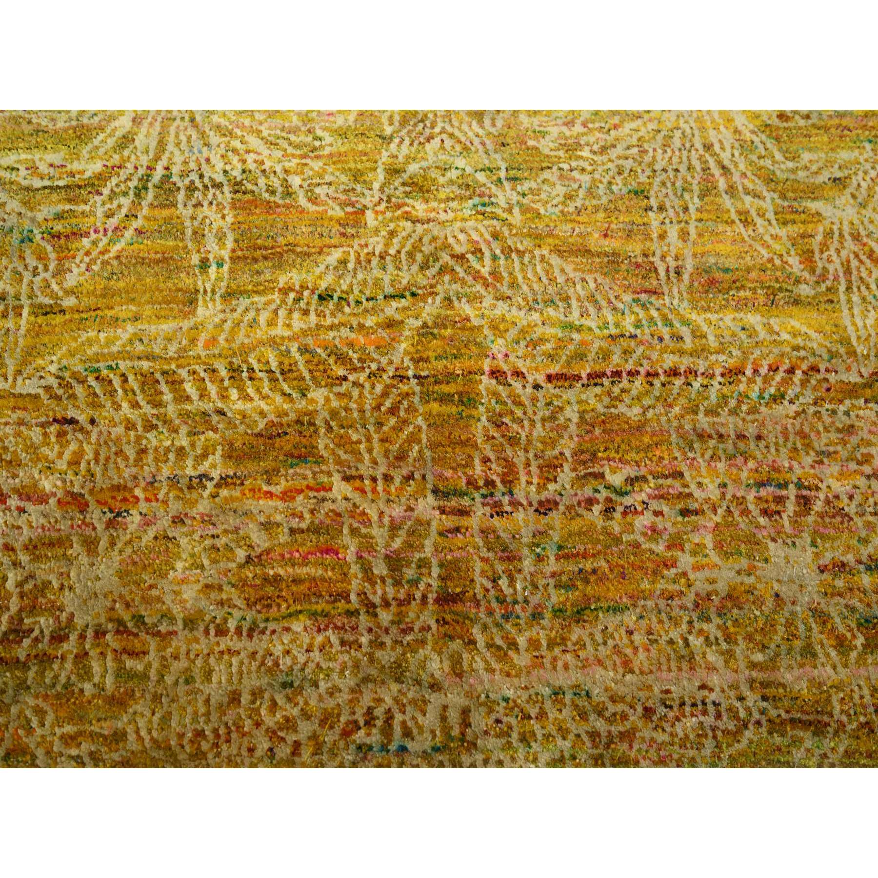 8'x9'3" Golden Brown with Green, Modern Design, Sari Silk, Hand Knotted, Thick and Plush, Squarish, Oriental Rug Sh75642