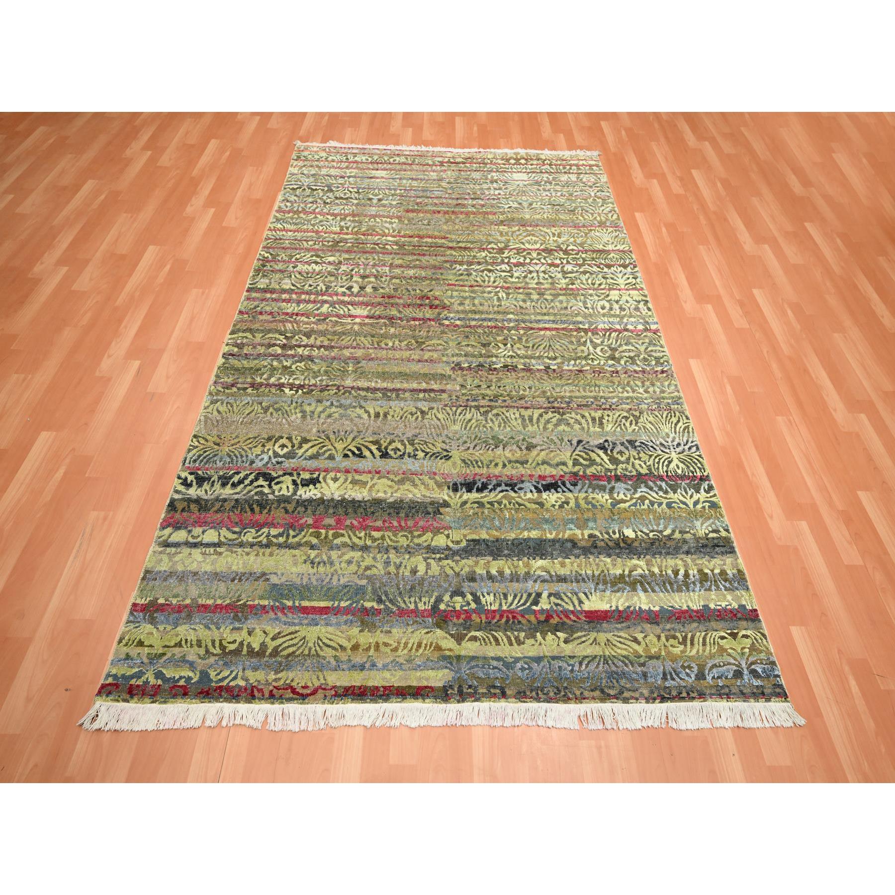 6'1"x9'1" Shades of Brown with Green, Abrash Design, Silk with Oxidized Wool, Hand Knotted, Oriental Rug Sh75644
