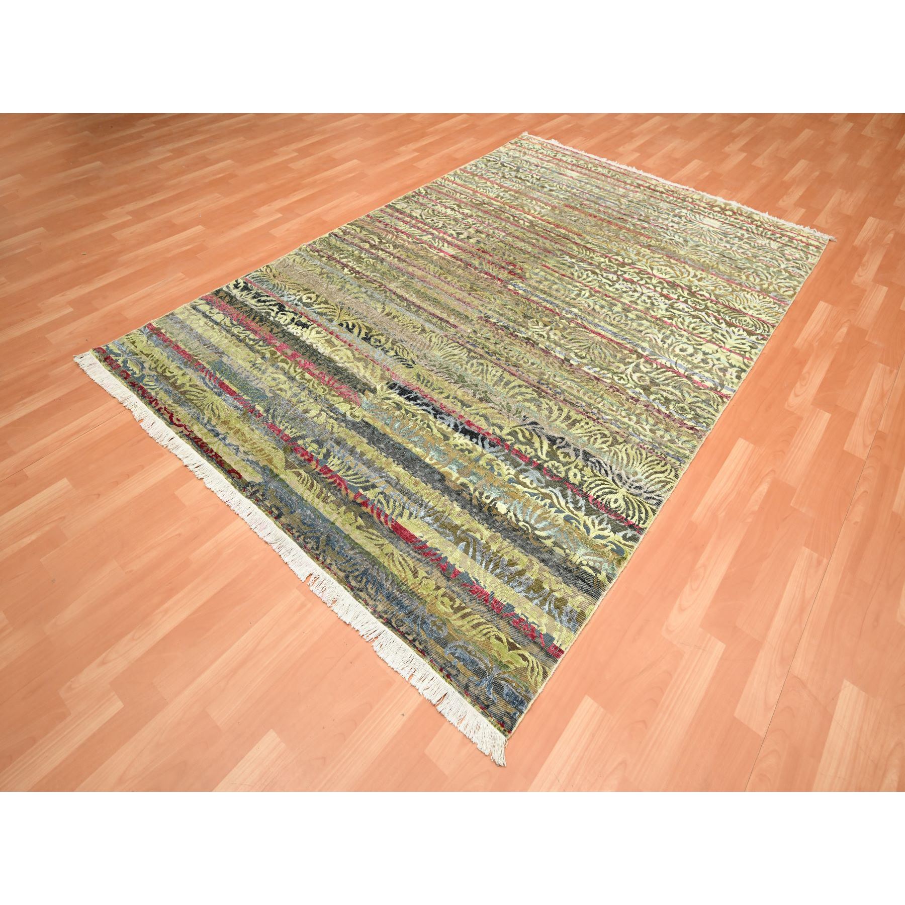 6'1"x9'1" Shades of Brown with Green, Abrash Design, Silk with Oxidized Wool, Hand Knotted, Oriental Rug Sh75644